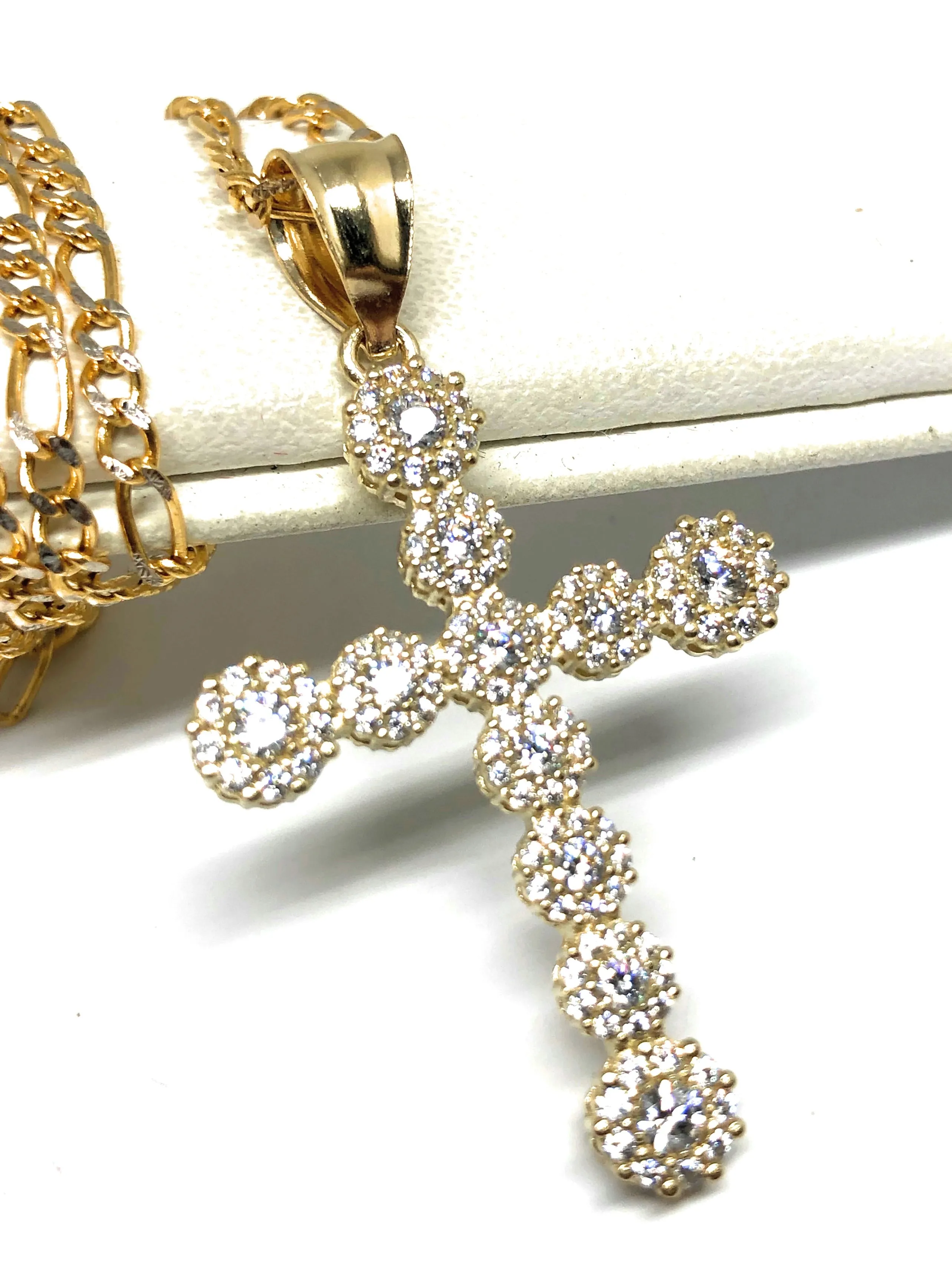 10k Solid Gold Full Cubic Zirconia CZ Cross Pendant Necklace