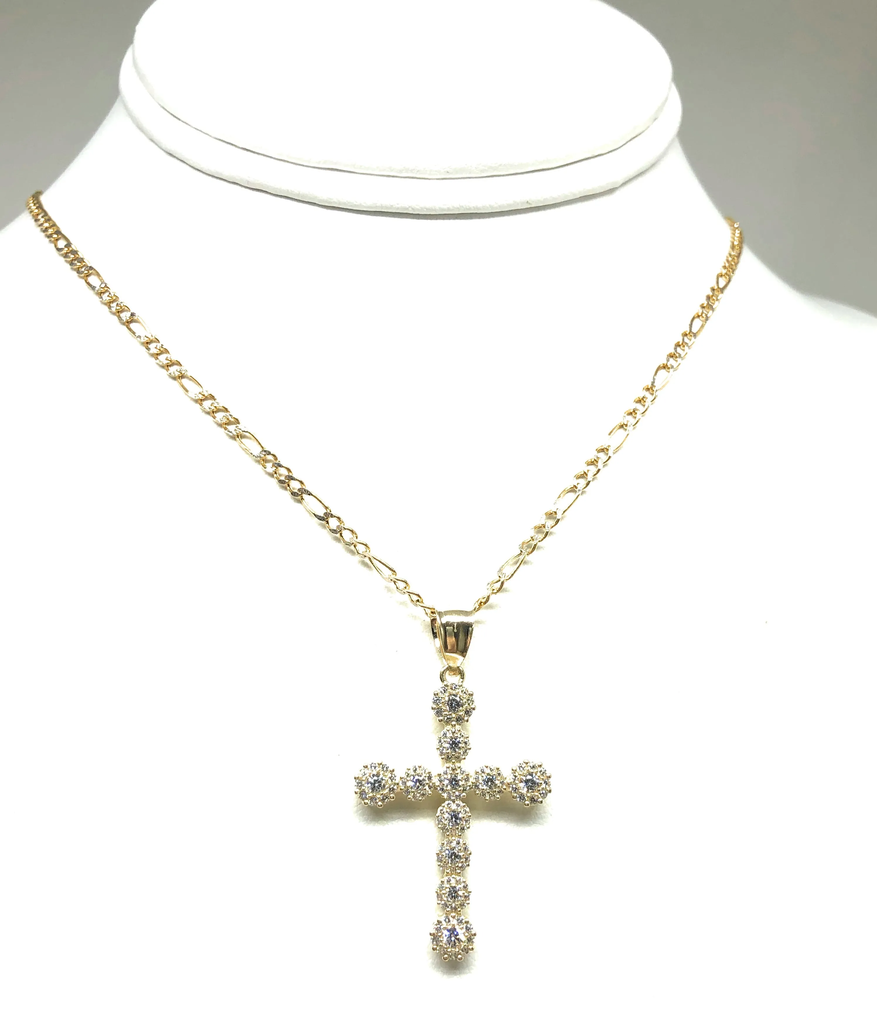 10k Solid Gold Full Cubic Zirconia CZ Cross Pendant Necklace