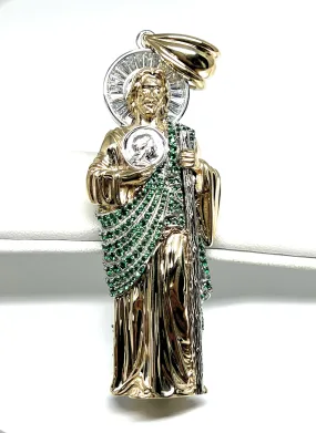 10k Solid Gold Saan Judas Saaint Jude 3D BIG XXL 3.5 INCH Pendant Green CZ FULL 3D Statue (FC) (35.6g)