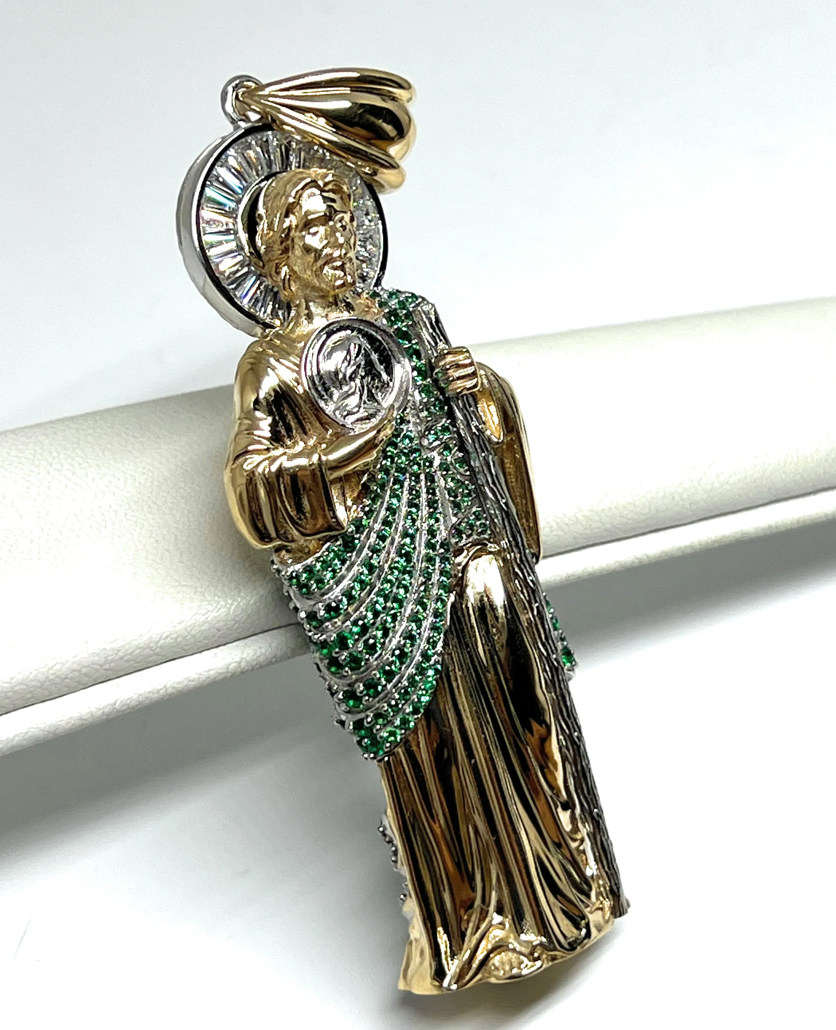 10k Solid Gold Saan Judas Saaint Jude 3D BIG XXL 3.5 INCH Pendant Green CZ FULL 3D Statue (FC) (35.6g)