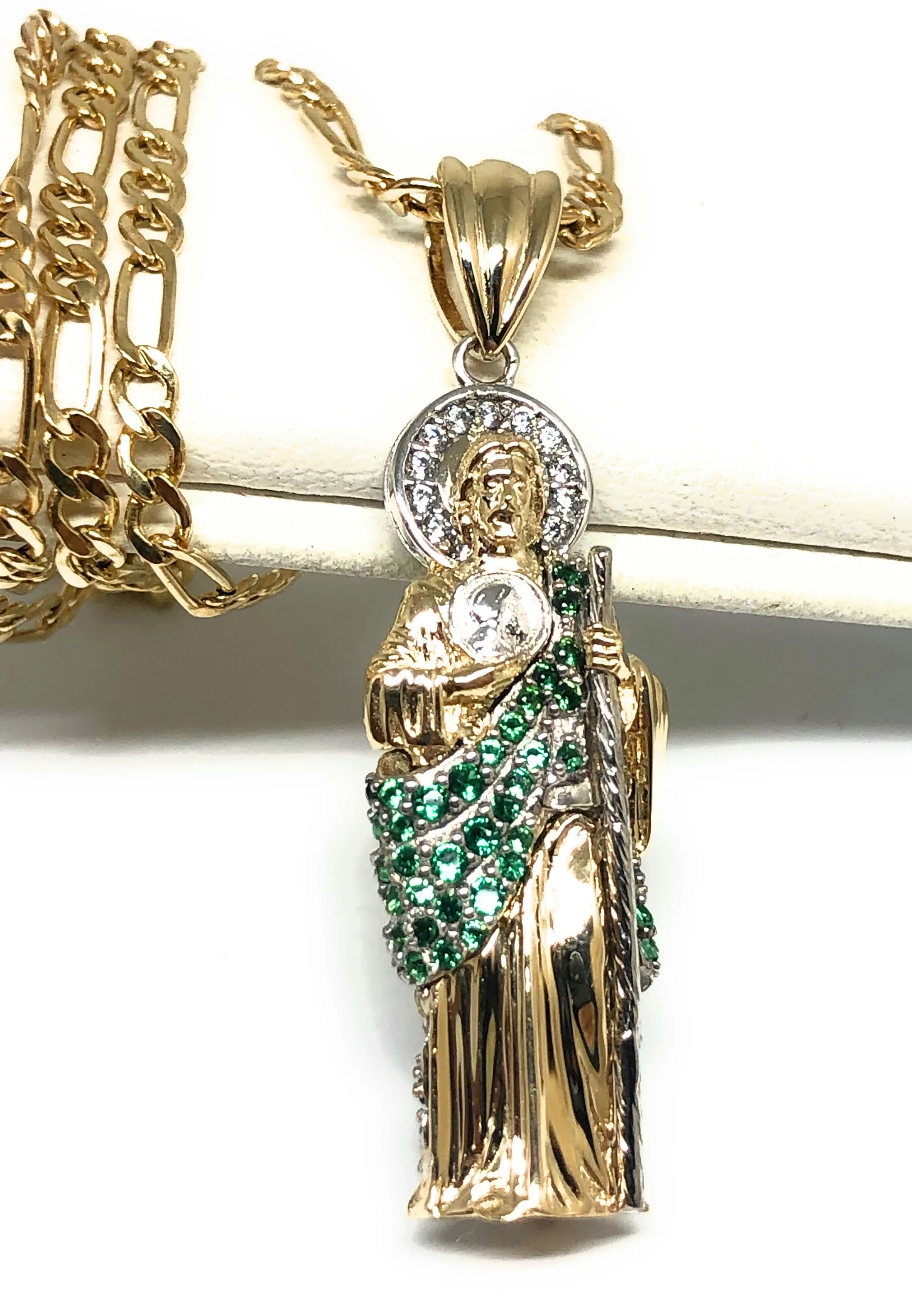 10k Solid Gold Saan Judas Saaint Jude 3D Pendant Green CZ FULL 3D Statue (FC)