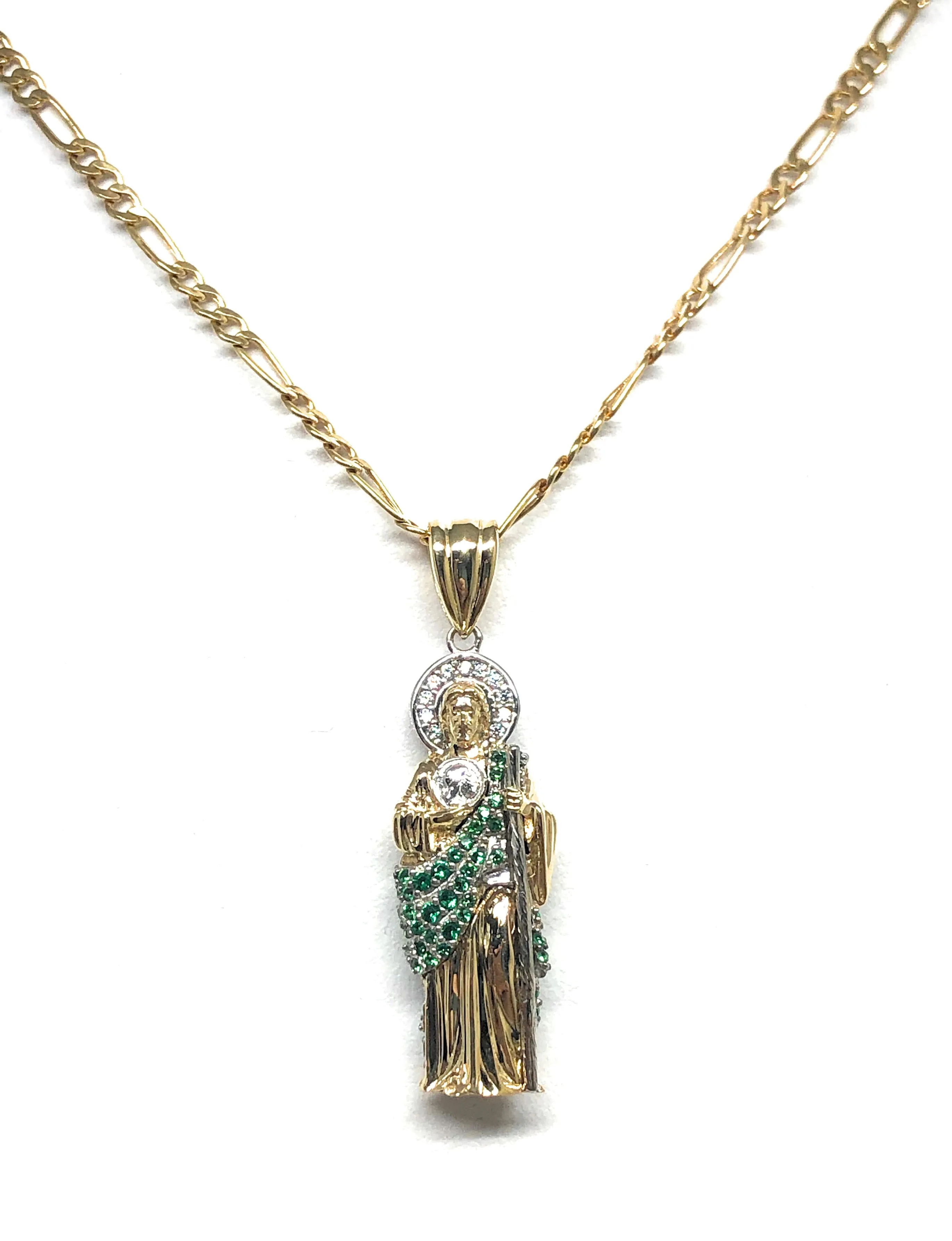 10k Solid Gold Saan Judas Saaint Jude 3D Pendant Green CZ FULL 3D Statue (FC)