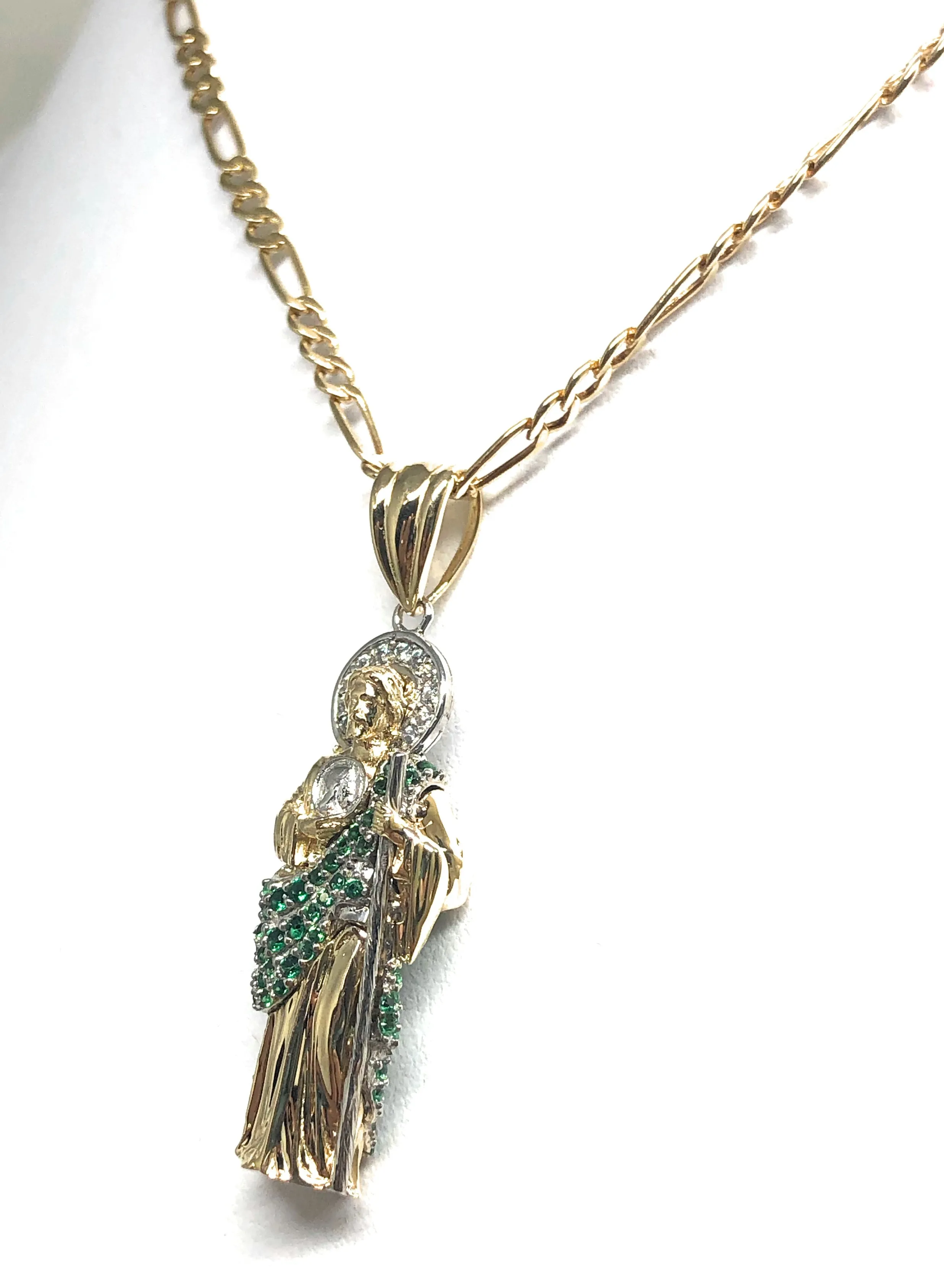 10k Solid Gold Saan Judas Saaint Jude 3D Pendant Green CZ FULL 3D Statue (FC)