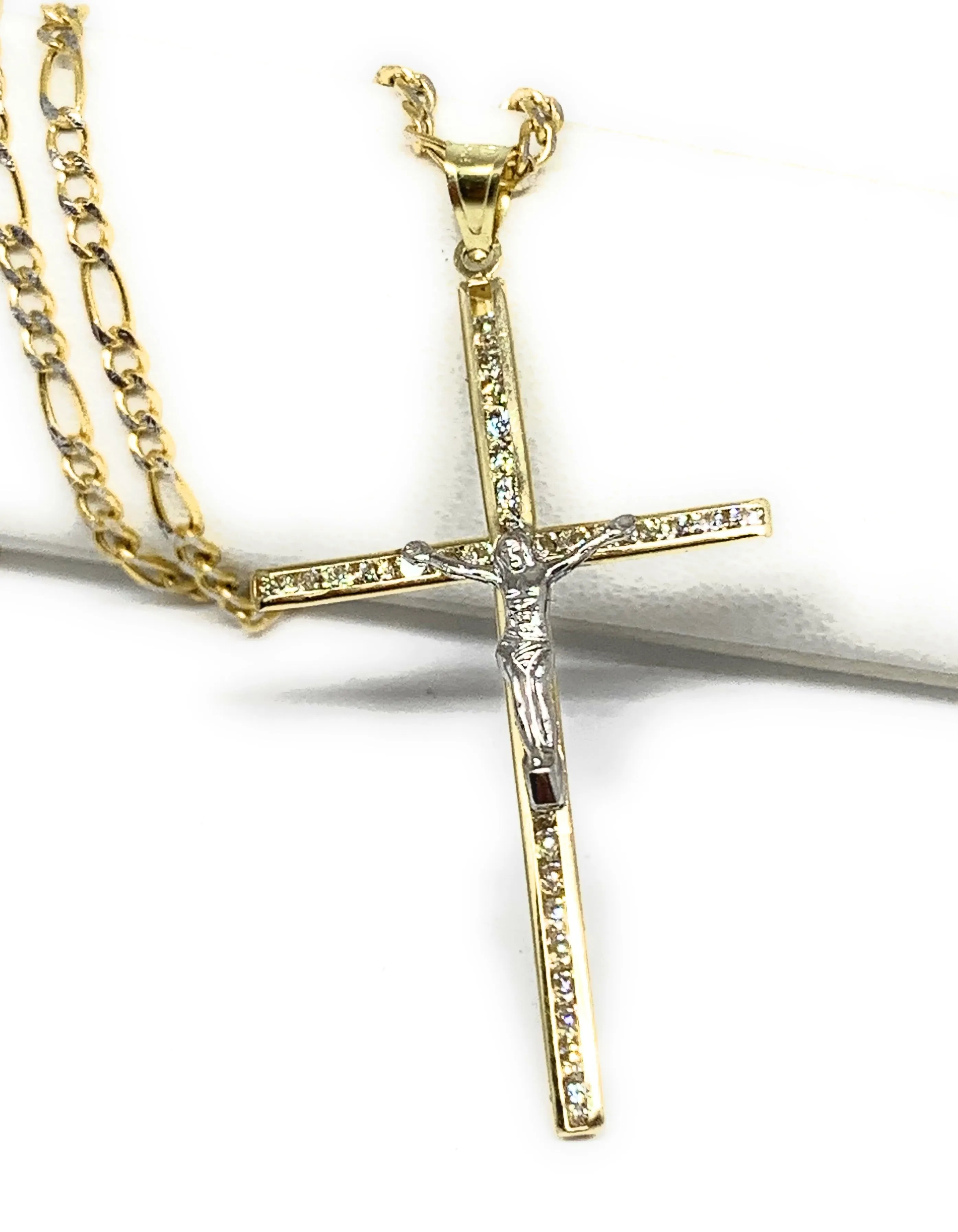 10k Solid Gold Yellow 2-Tone Full CZ Jesus Cross Crucifix Pendant Necklace