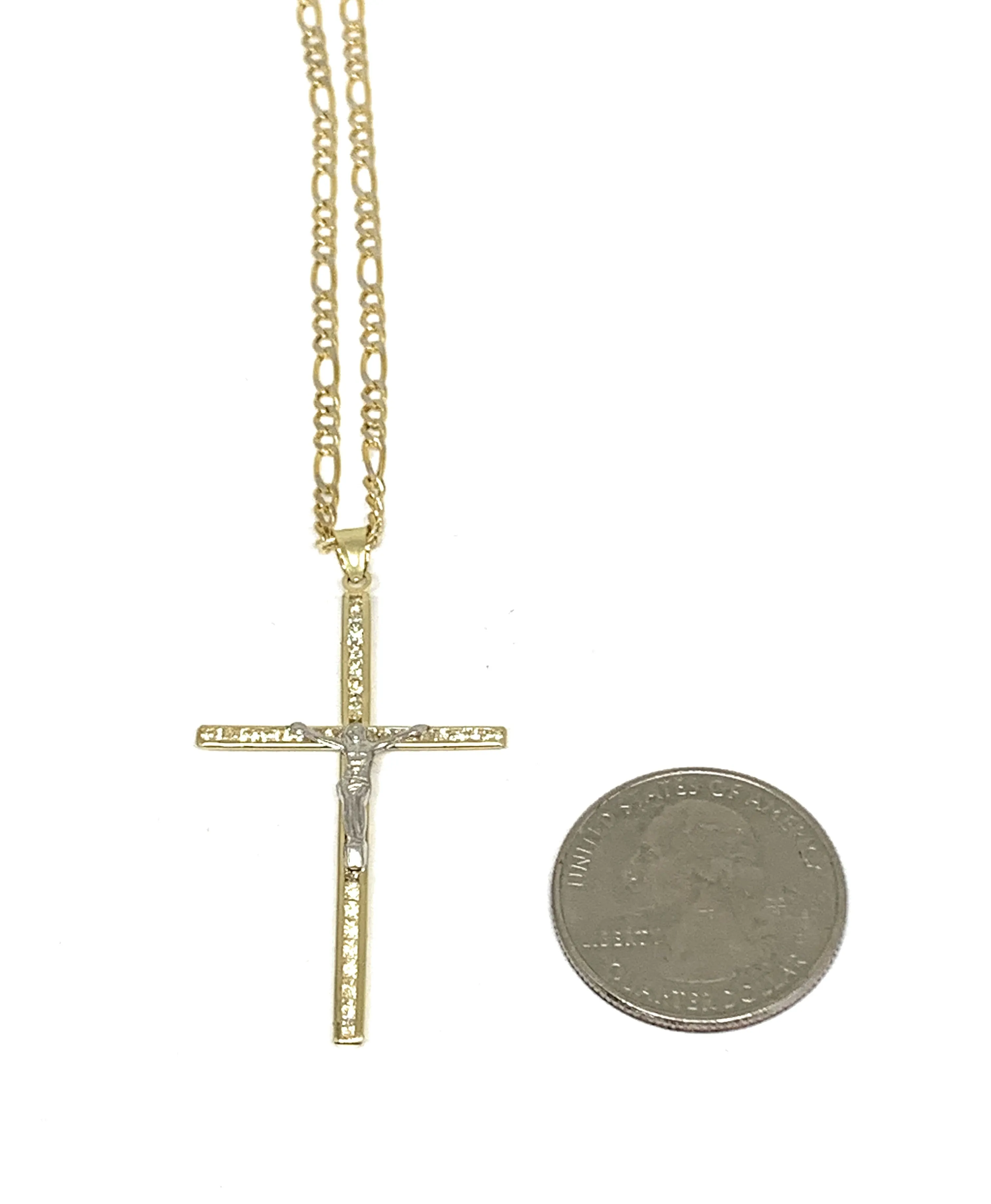 10k Solid Gold Yellow 2-Tone Full CZ Jesus Cross Crucifix Pendant Necklace