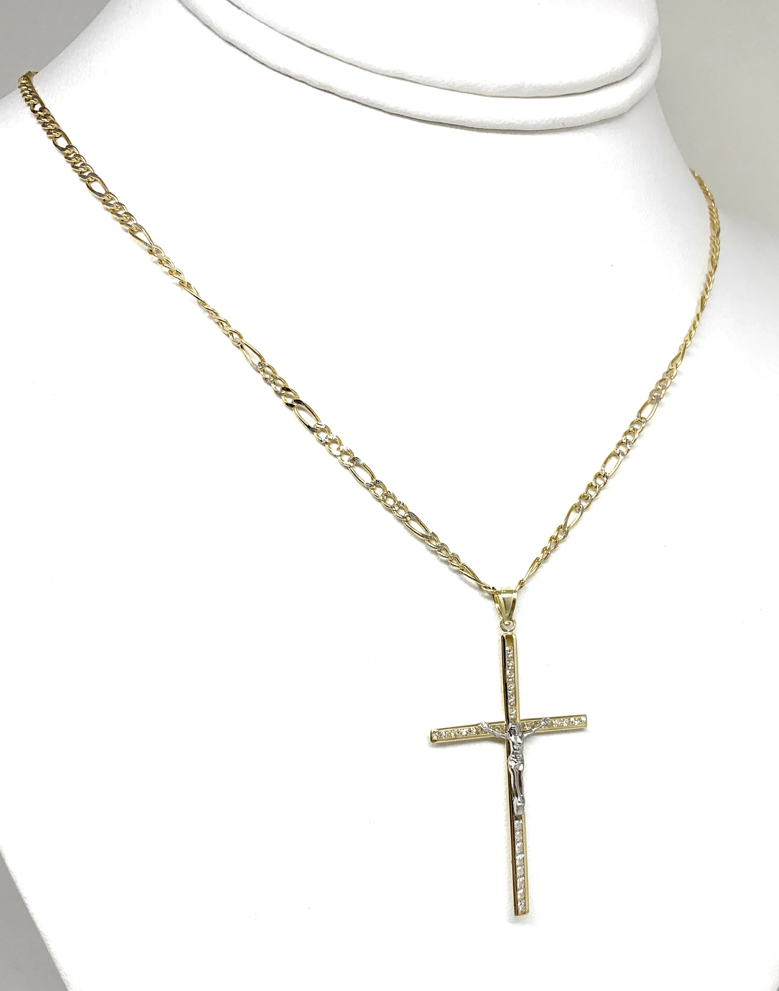 10k Solid Gold Yellow 2-Tone Full CZ Jesus Cross Crucifix Pendant Necklace