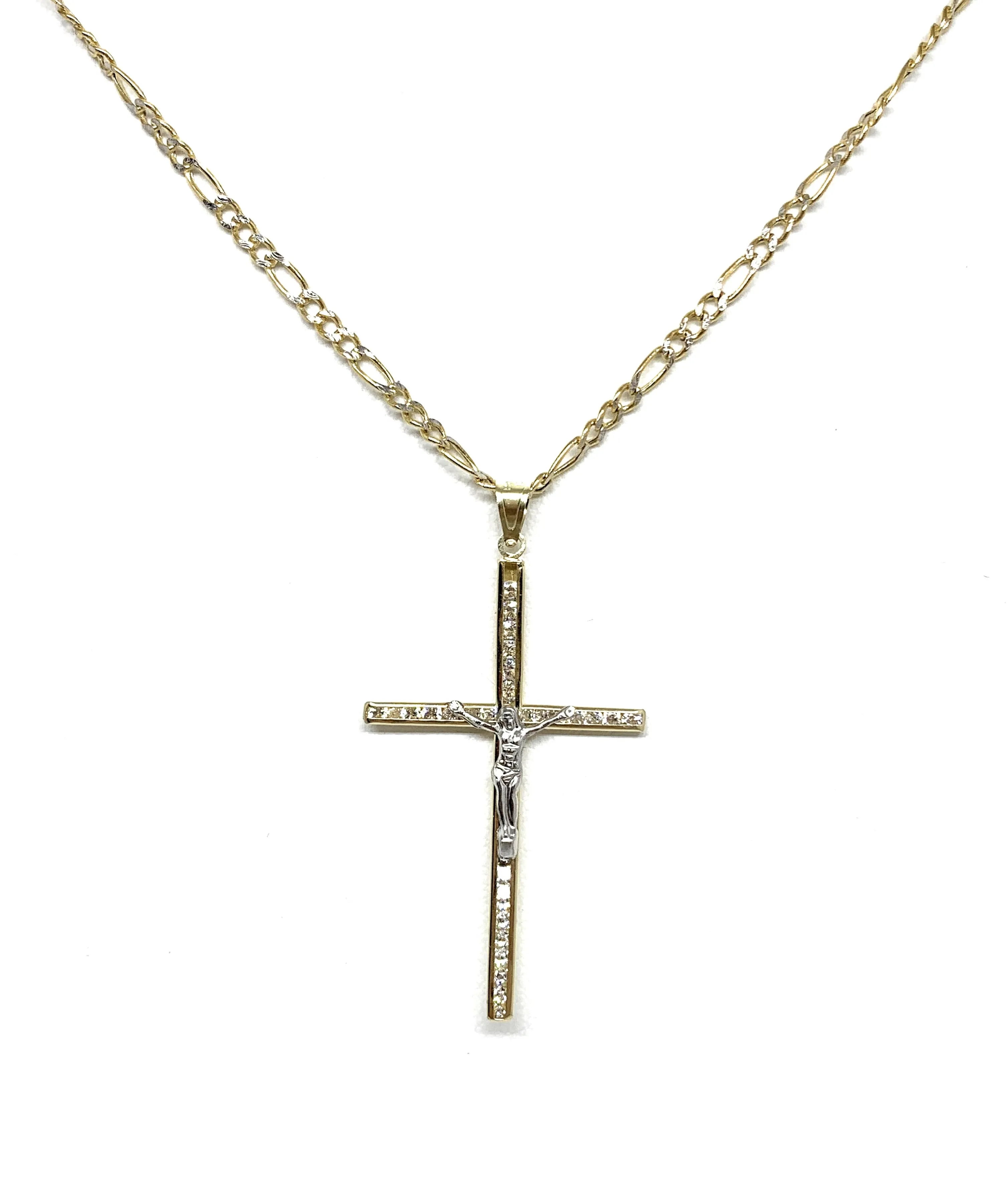 10k Solid Gold Yellow 2-Tone Full CZ Jesus Cross Crucifix Pendant Necklace