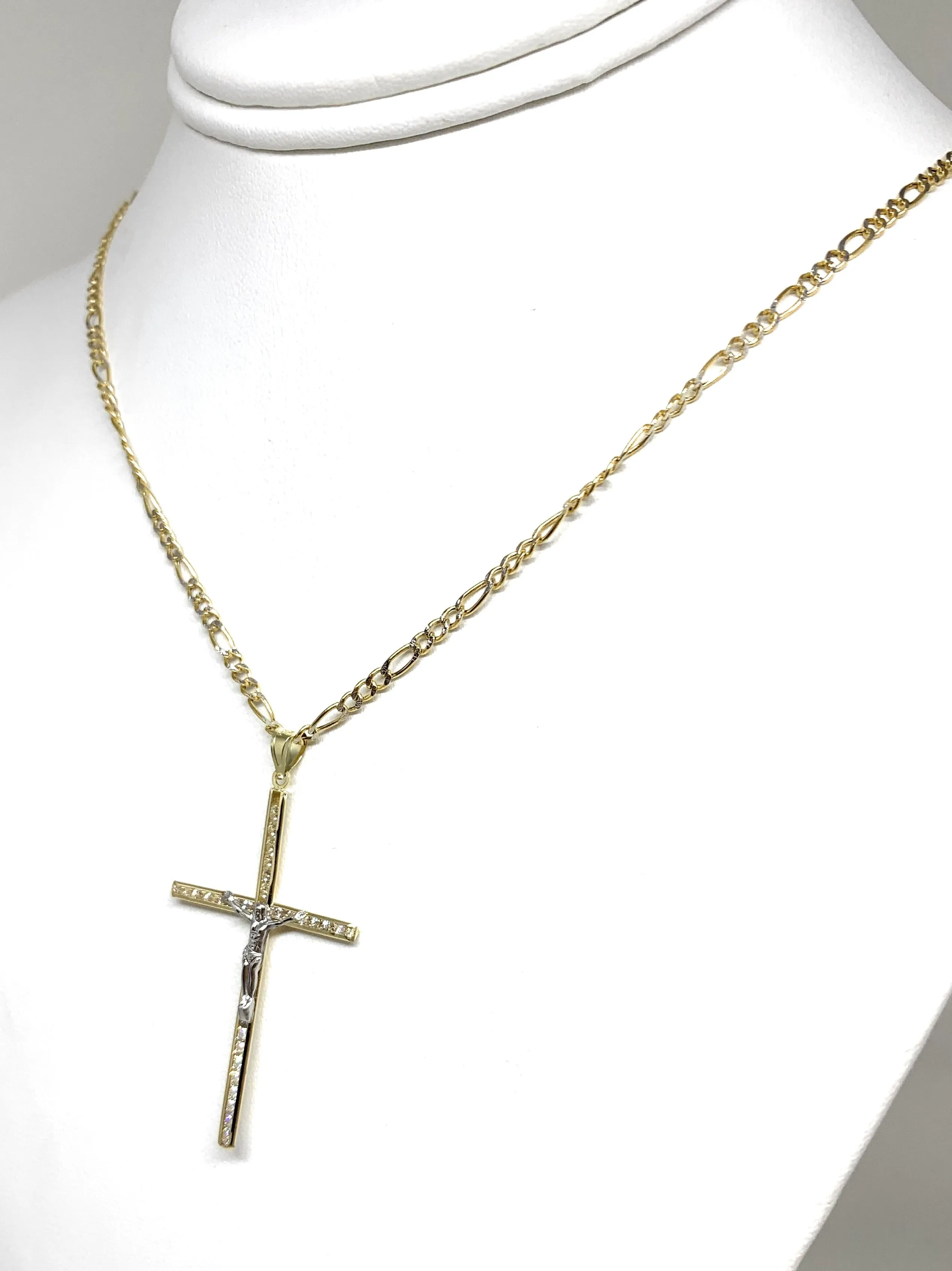 10k Solid Gold Yellow 2-Tone Full CZ Jesus Cross Crucifix Pendant Necklace