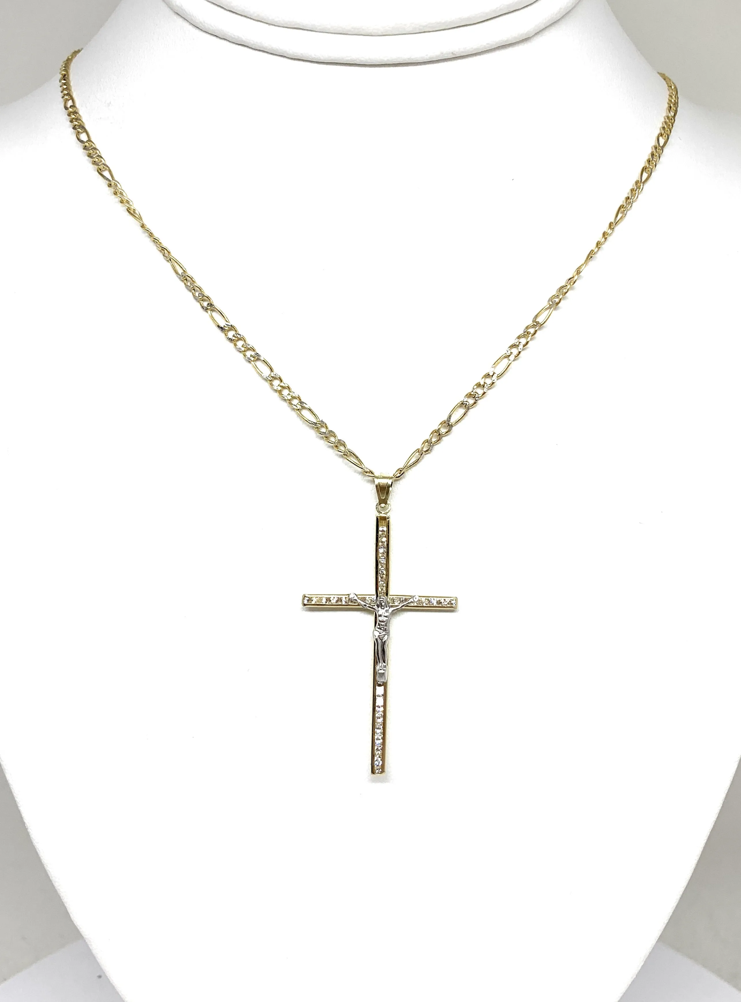 10k Solid Gold Yellow 2-Tone Full CZ Jesus Cross Crucifix Pendant Necklace