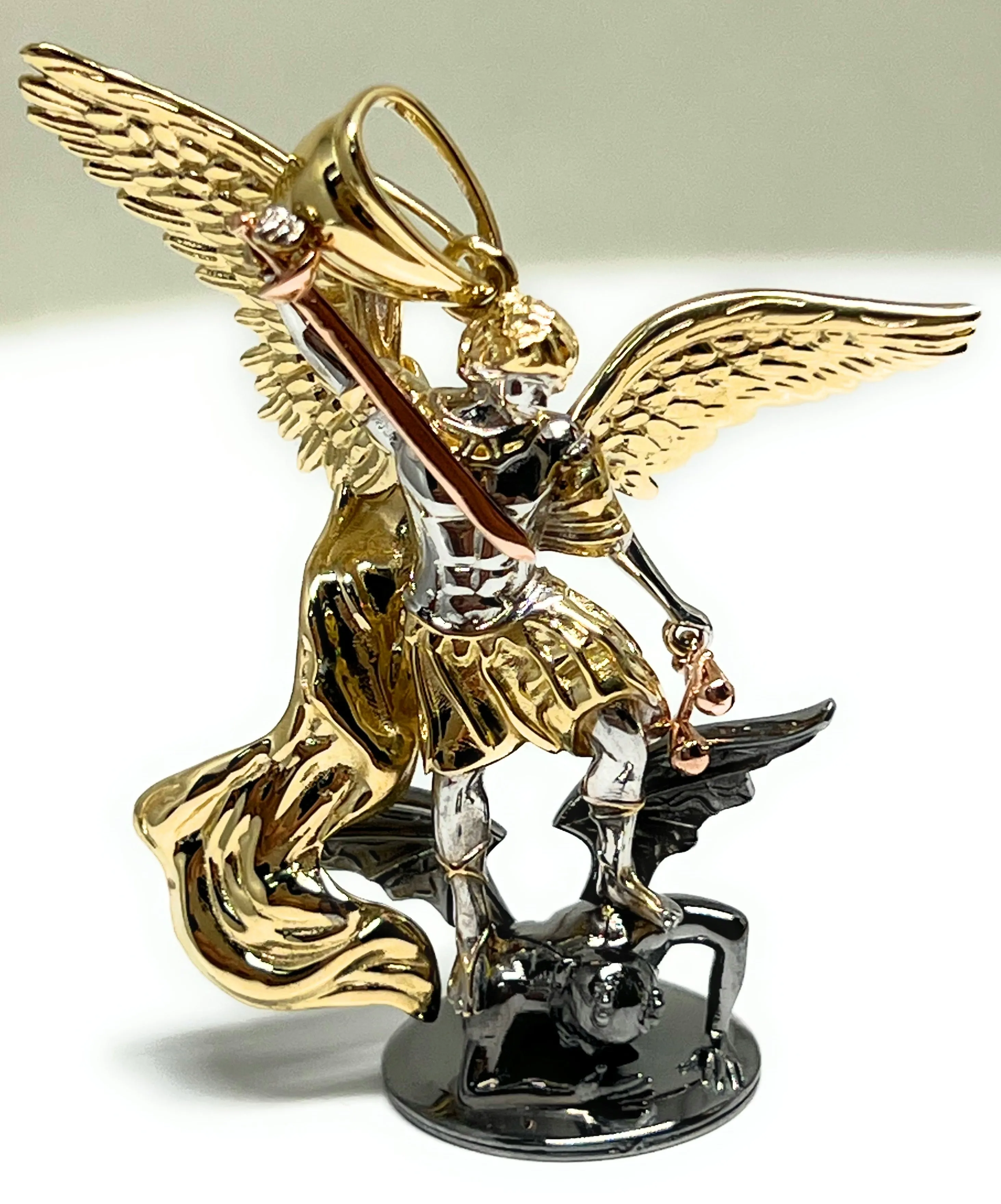 10k Solid Gold Yellow St. Michael Vanquishing Satan Archangel FULL 3D STATUE Pendant Necklace (FC) (LG, SM)