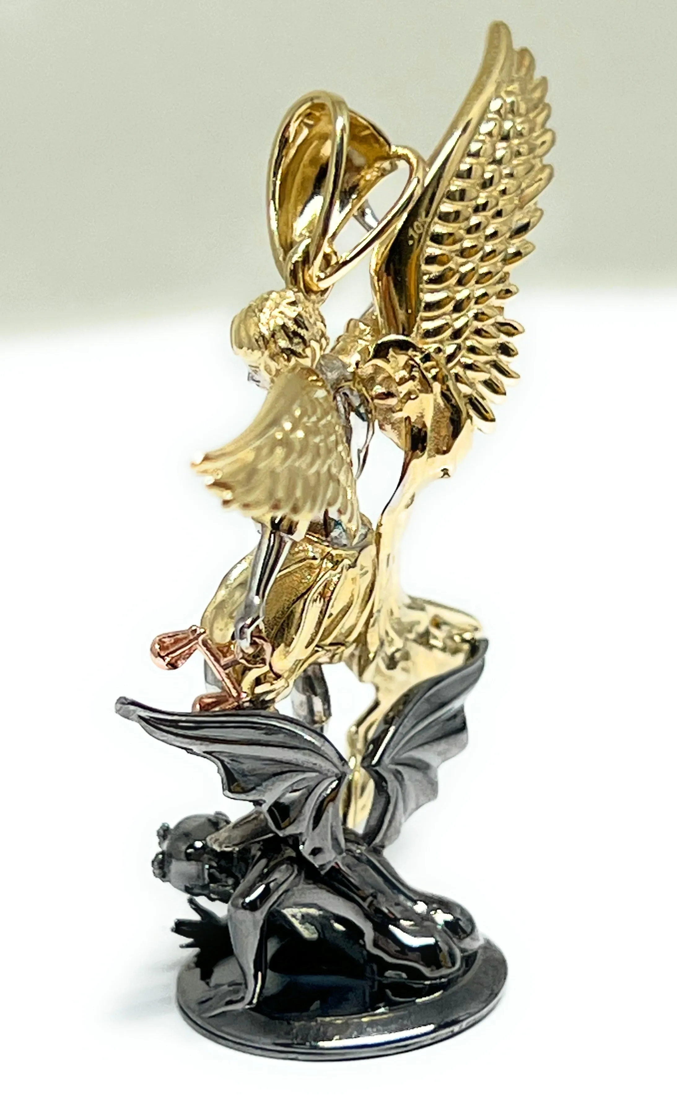 10k Solid Gold Yellow St. Michael Vanquishing Satan Archangel FULL 3D STATUE Pendant Necklace (FC) (LG, SM)