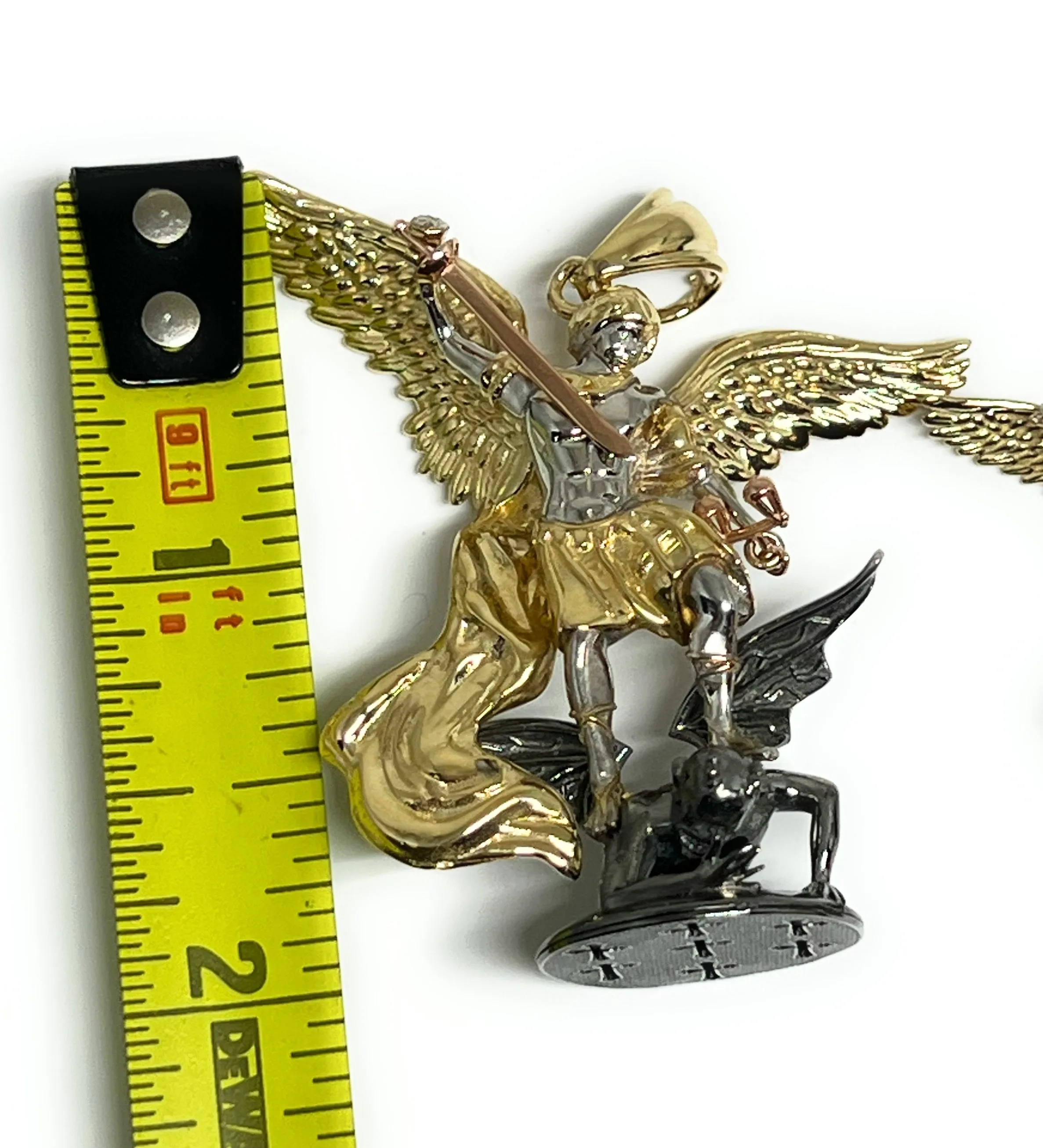 10k Solid Gold Yellow St. Michael Vanquishing Satan Archangel FULL 3D STATUE Pendant Necklace (FC) (LG, SM)