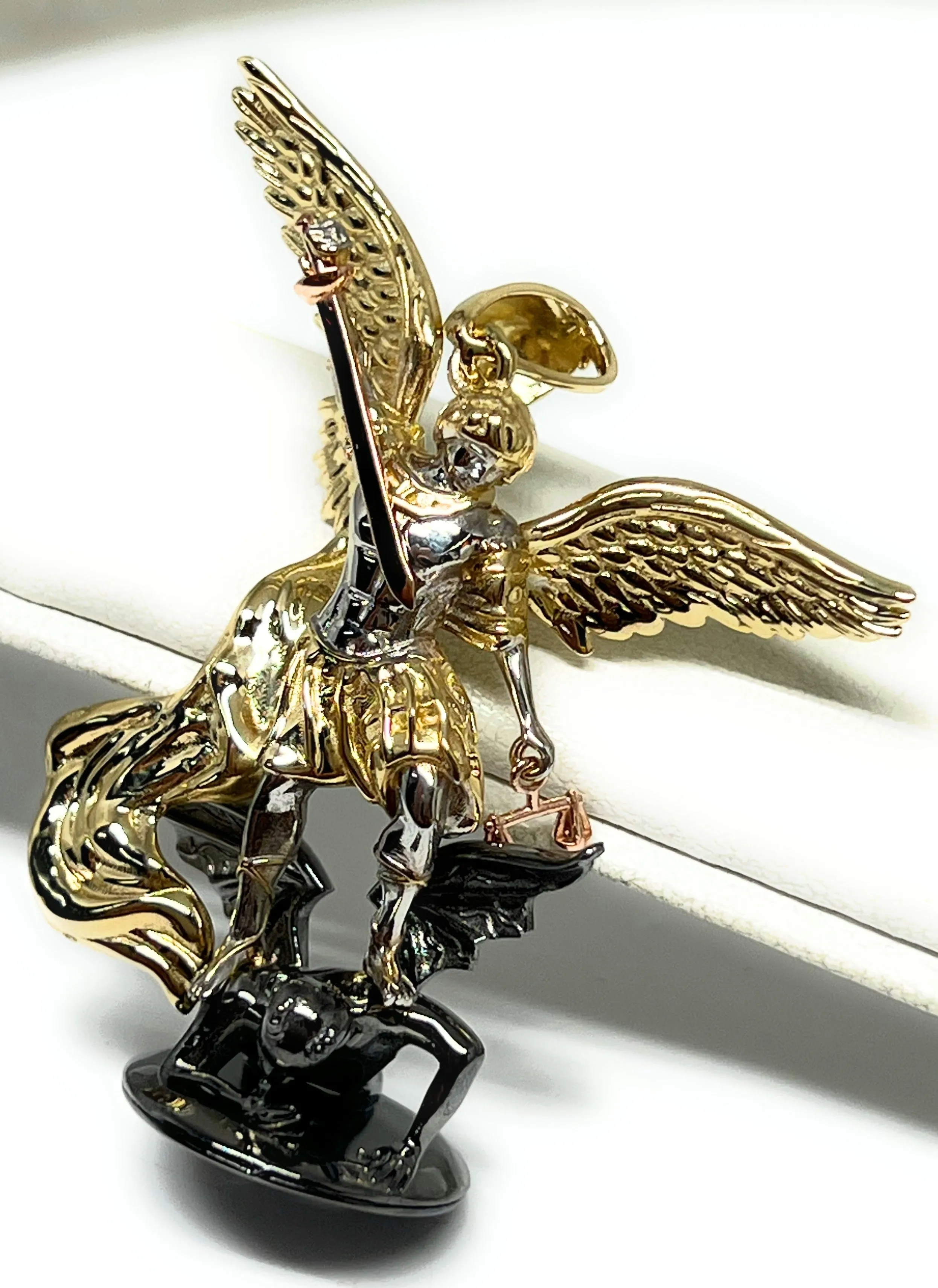 10k Solid Gold Yellow St. Michael Vanquishing Satan Archangel FULL 3D STATUE Pendant Necklace (FC) (LG, SM)