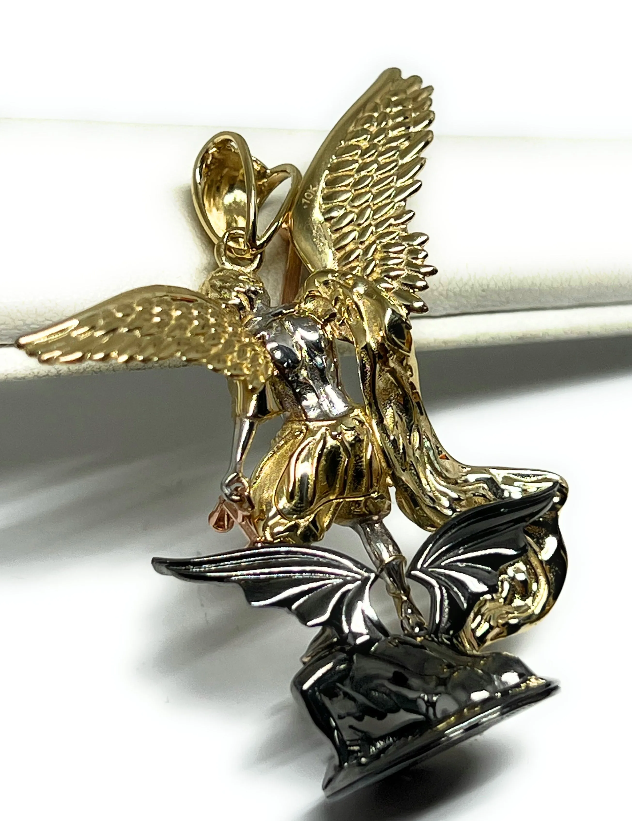 10k Solid Gold Yellow St. Michael Vanquishing Satan Archangel FULL 3D STATUE Pendant Necklace (FC) (LG, SM)