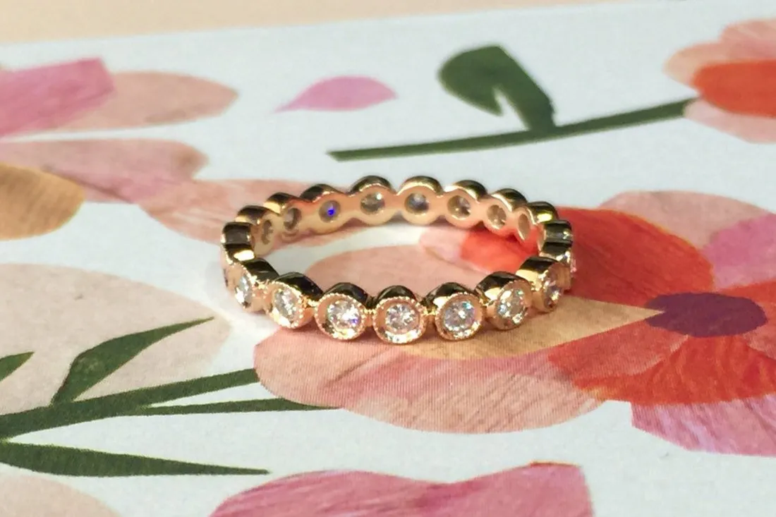 14k Rose Gold Diamond Vintage Milgrain Bezel Full Eternity Band Ring Wedding