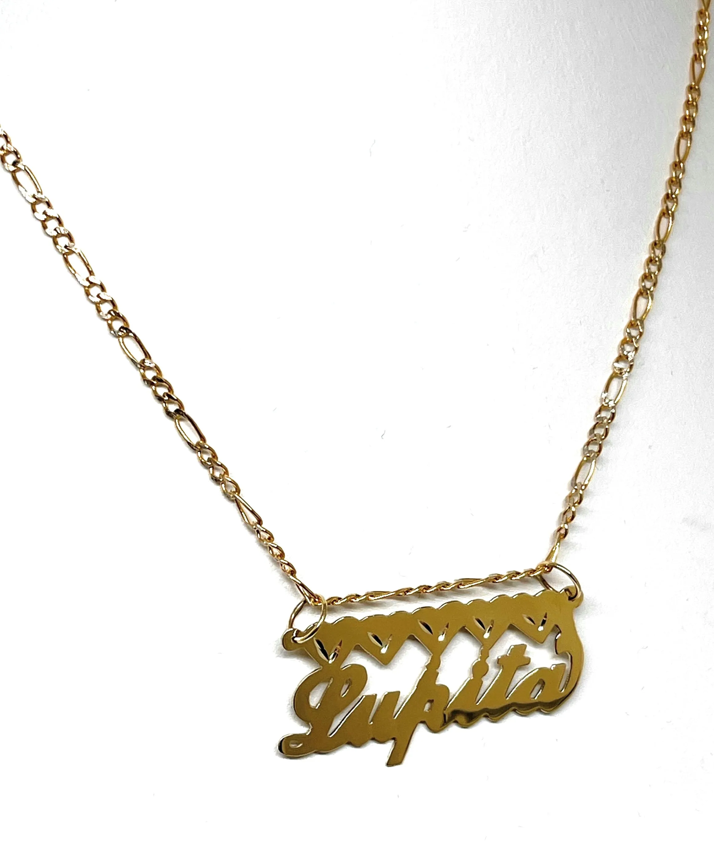 14k Solid Gold Custom CURSIVE WITH FULL HEARTS Nameplate Pendant Necklace with Chain Options