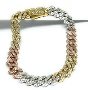 14k Solid Gold EDGE Miami Cuban Link FULL CZ TRI-COLOR Brracelet 7-8 inch 9mm CZ Lock (Semi-Hollow) 18g