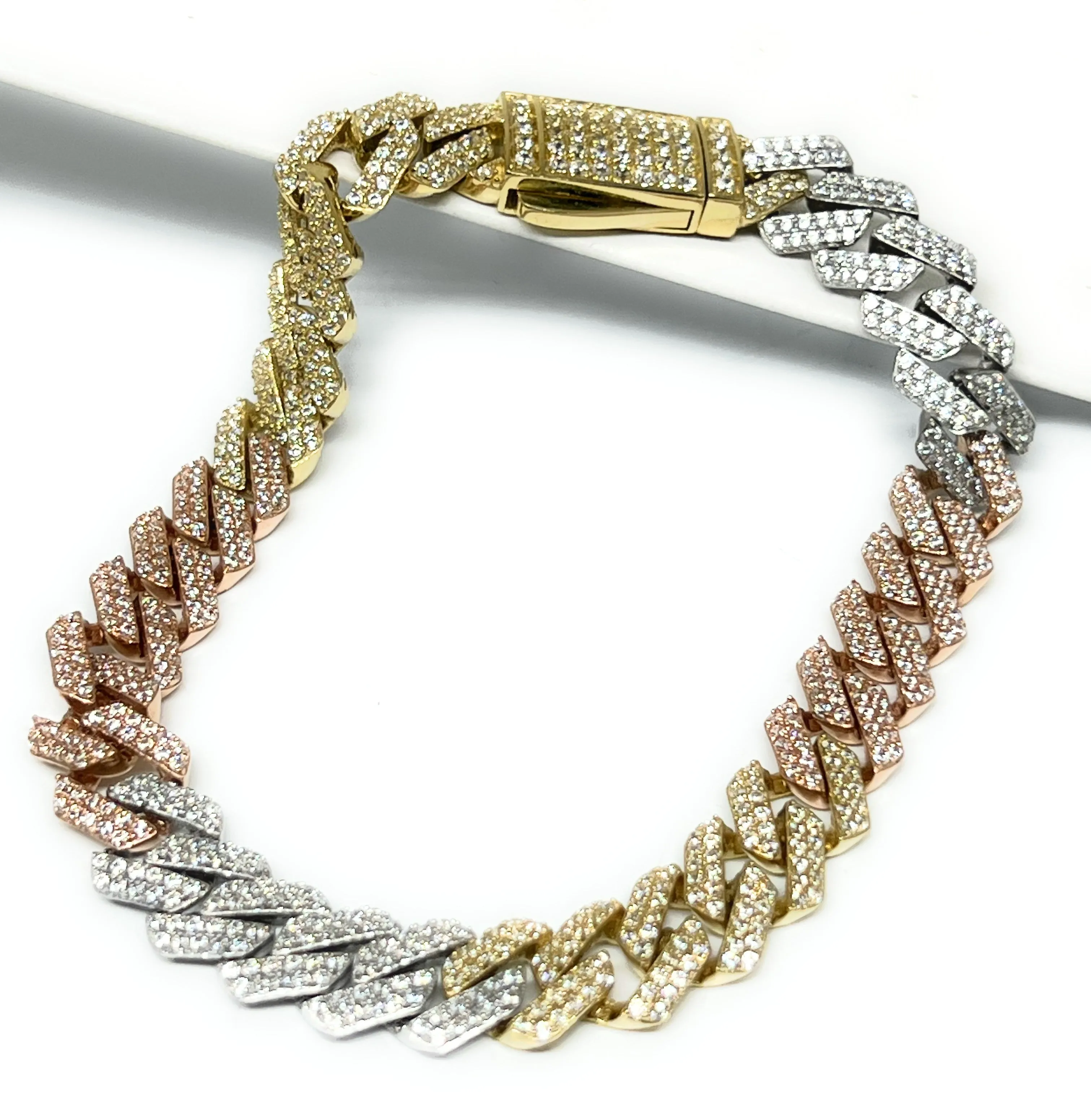 14k Solid Gold EDGE Miami Cuban Link FULL CZ TRI-COLOR Brracelet 7-8 inch 9mm CZ Lock (Semi-Hollow) 18g