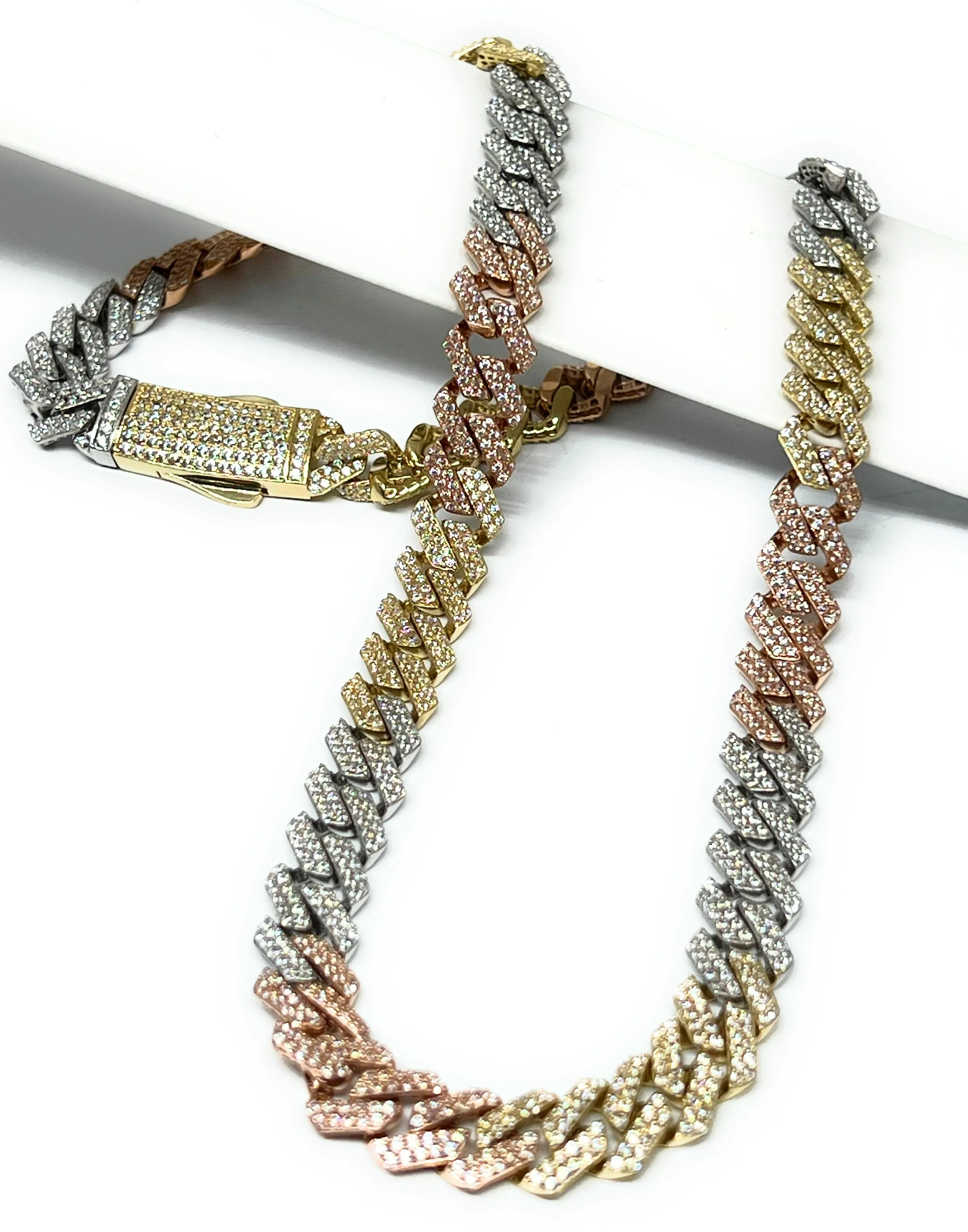 14k Solid Gold EDGE Miami Cuban Link FULL CZ TRI-COLOR Chain 16-24 inches 9mm CZ Lock (Semi-Hollow) 33-45g