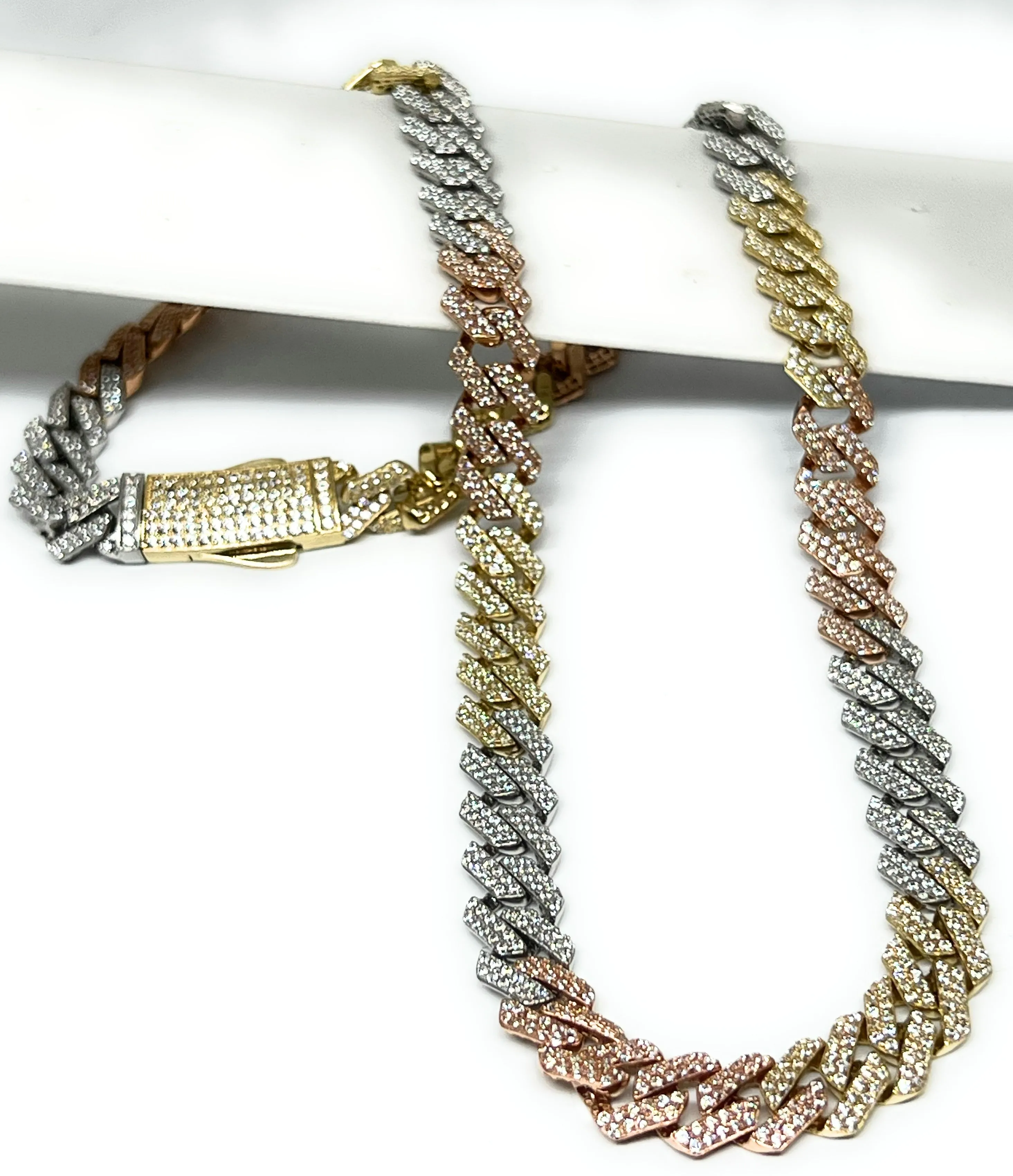 14k Solid Gold EDGE Miami Cuban Link FULL CZ TRI-COLOR Chain 16-24 inches 9mm CZ Lock (Semi-Hollow) 33-45g