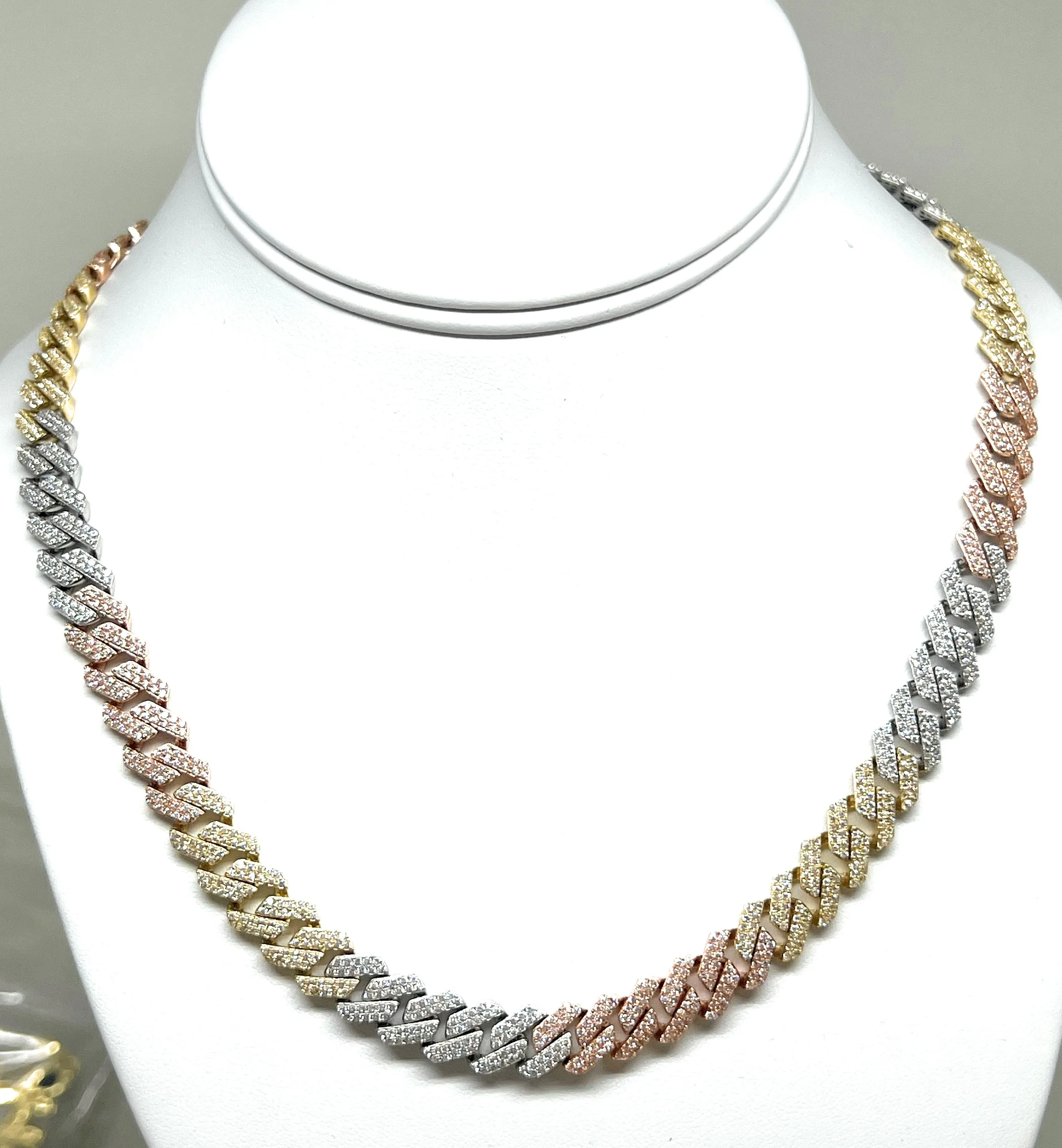 14k Solid Gold EDGE Miami Cuban Link FULL CZ TRI-COLOR Chain 16-24 inches 9mm CZ Lock (Semi-Hollow) 33-45g