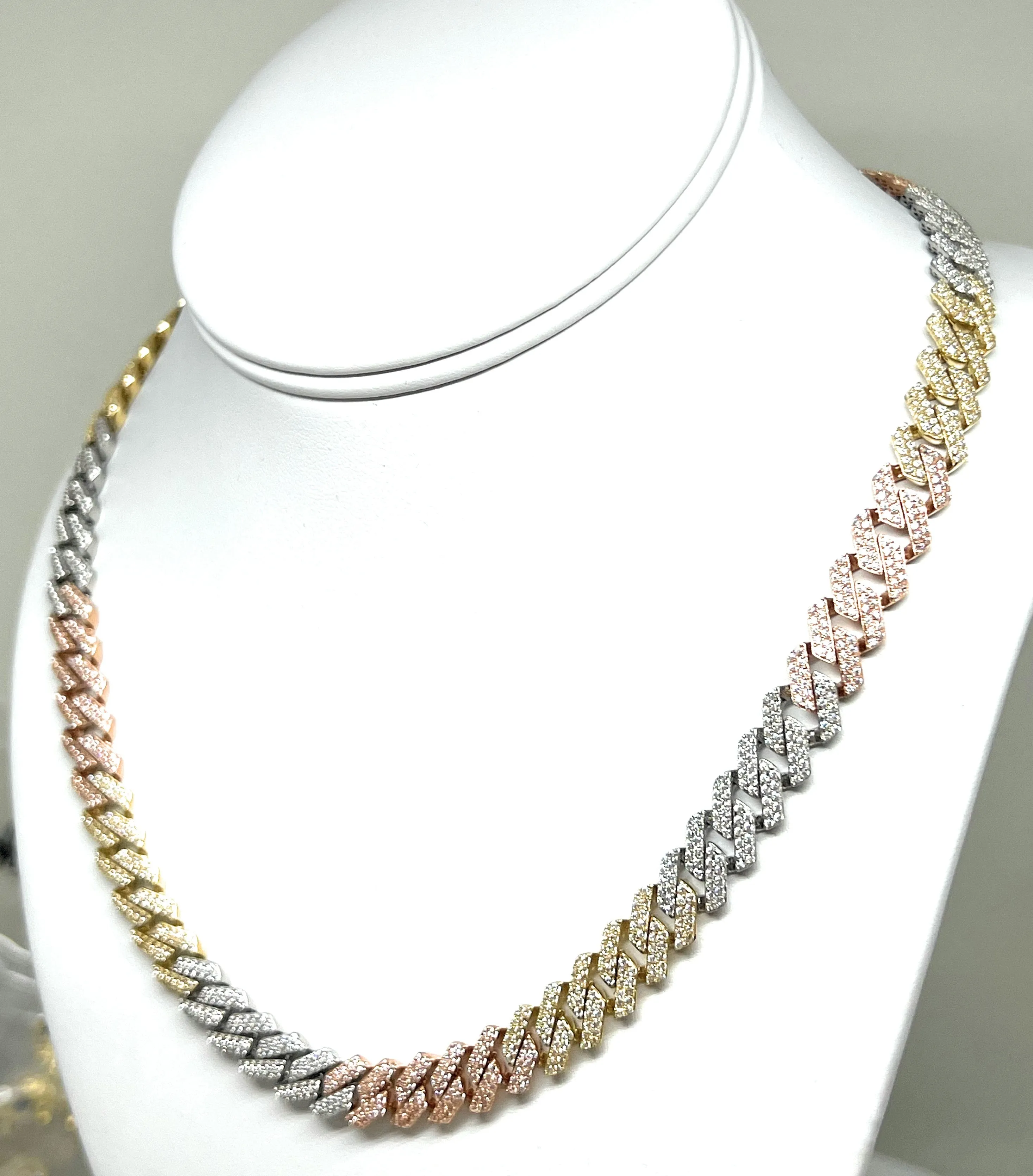 14k Solid Gold EDGE Miami Cuban Link FULL CZ TRI-COLOR Chain 16-24 inches 9mm CZ Lock (Semi-Hollow) 33-45g