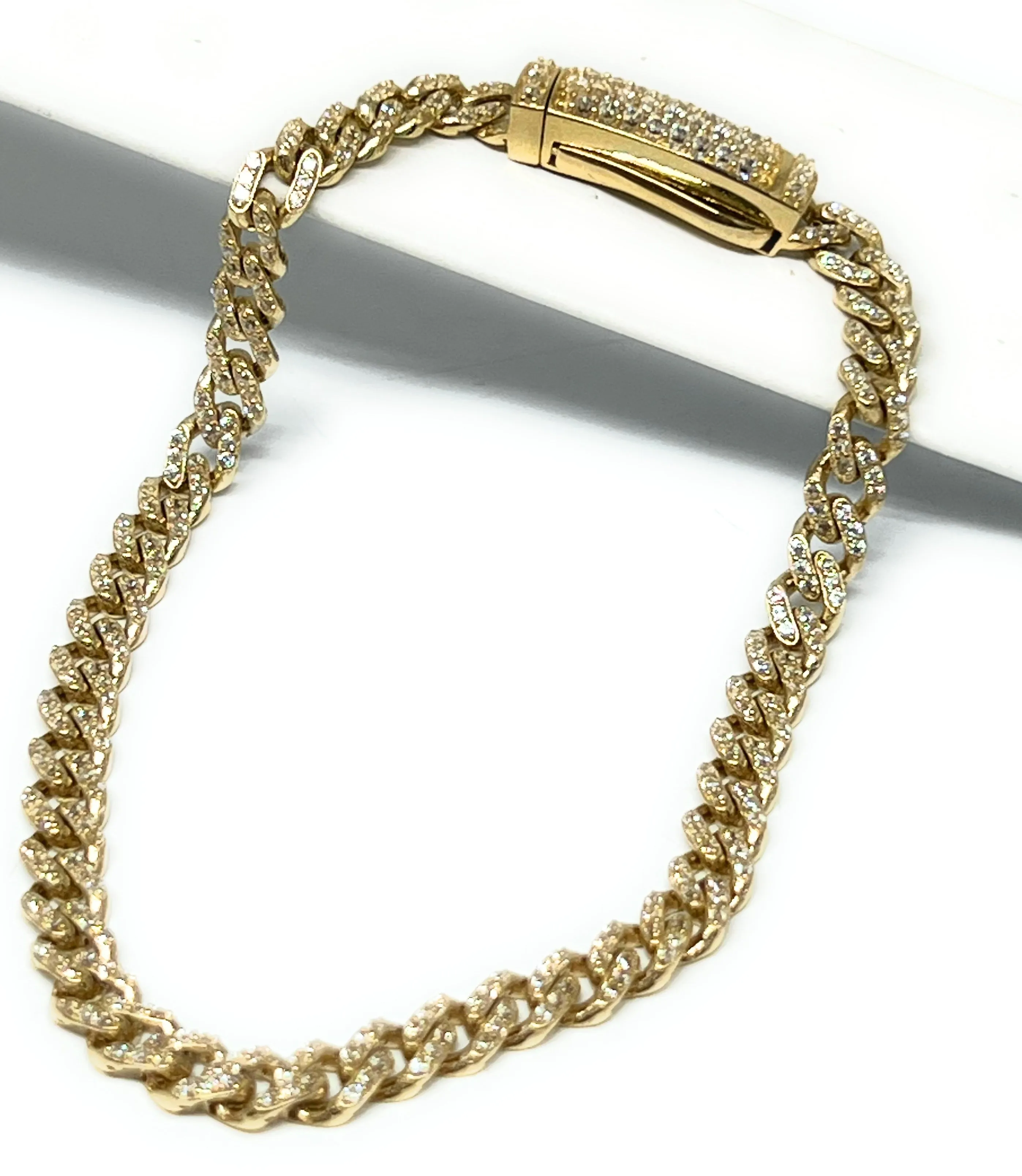 14k Solid Gold Miami Cuban Link FULL CZ Brracelet 7-8 inch 5mm CZ Lock (Semi-Hollow)