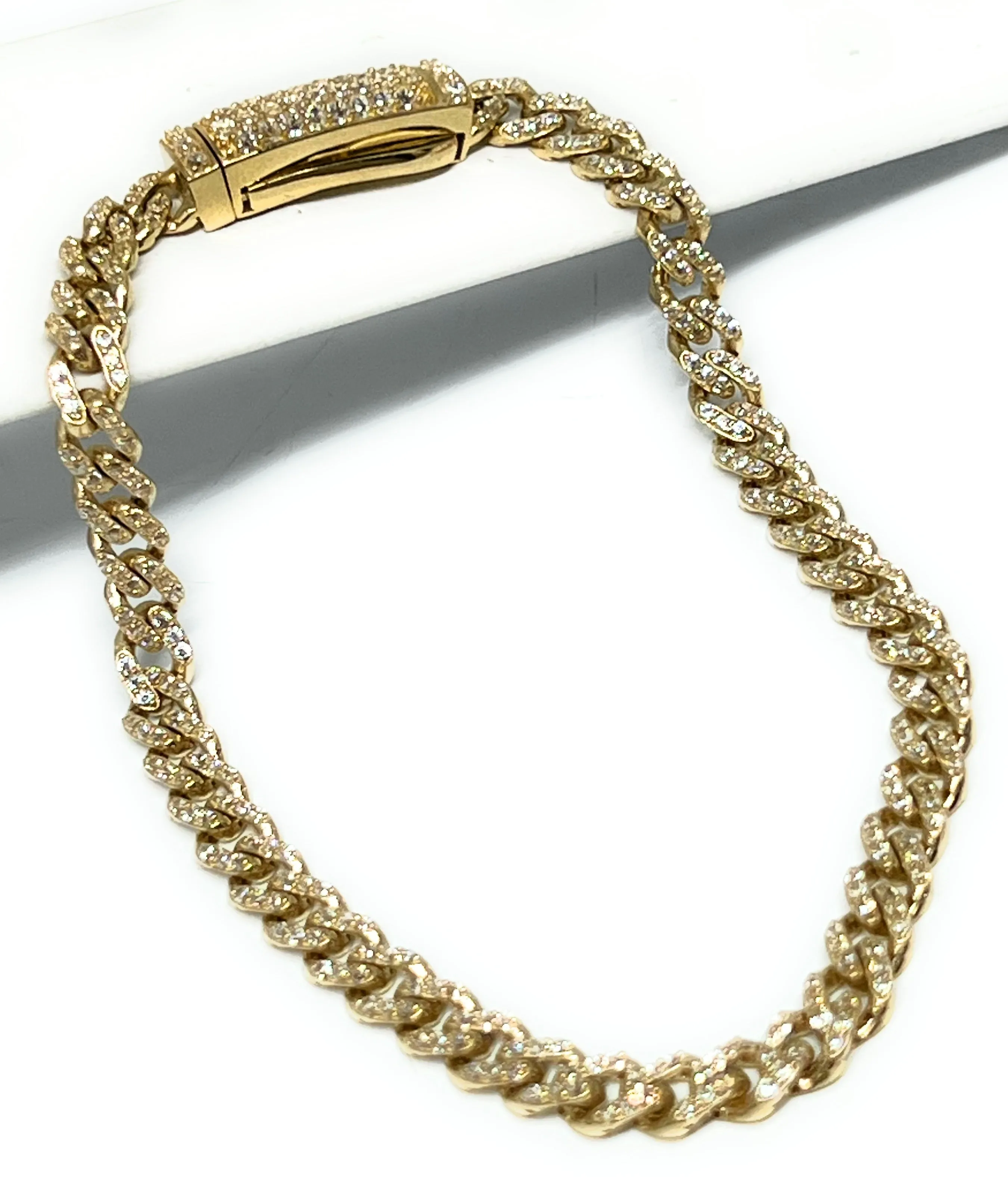 14k Solid Gold Miami Cuban Link FULL CZ Brracelet 7-8 inch 5mm CZ Lock (Semi-Hollow)