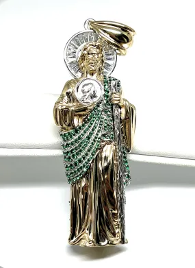 14k Solid Gold Saan Judas Saaint Jude 3D BIG XXL 3.5 INCH Pendant Green CZ FULL 3D Statue (FC) (33g)