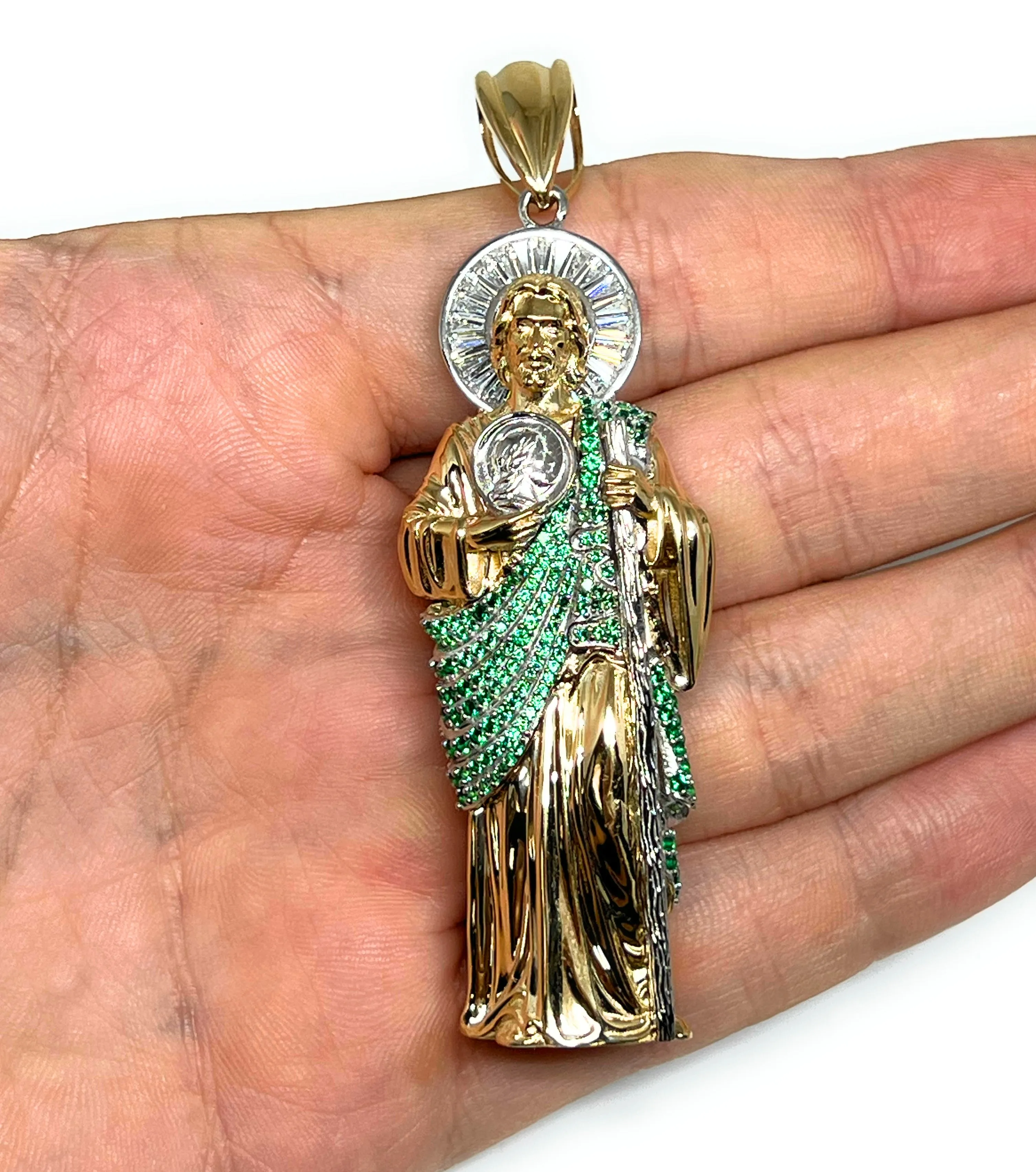 14k Solid Gold Saan Judas Saaint Jude 3D BIG XXL 3.5 INCH Pendant Green CZ FULL 3D Statue (FC) (33g)