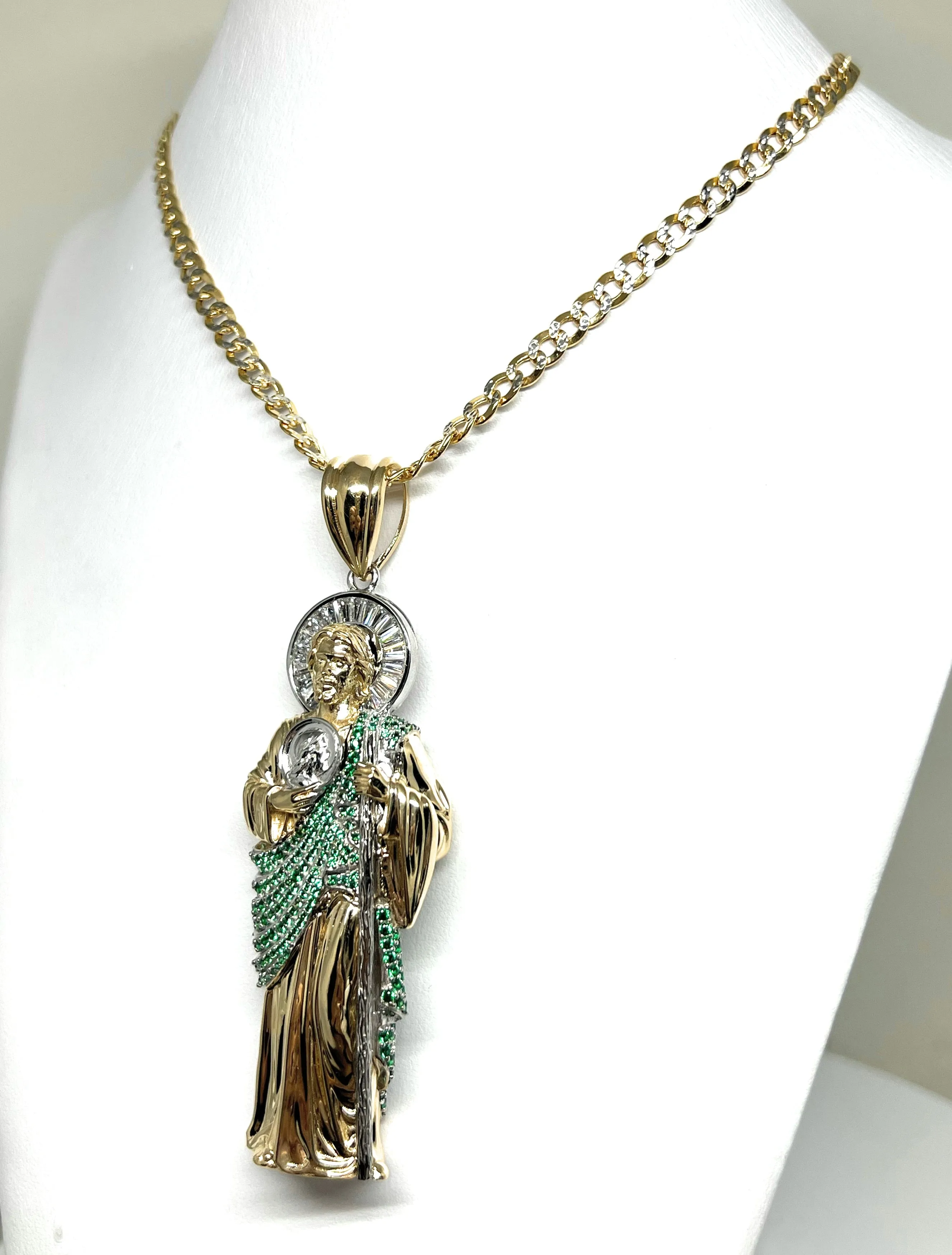 14k Solid Gold Saan Judas Saaint Jude 3D BIG XXL 3.5 INCH Pendant Green CZ FULL 3D Statue (FC) (33g)