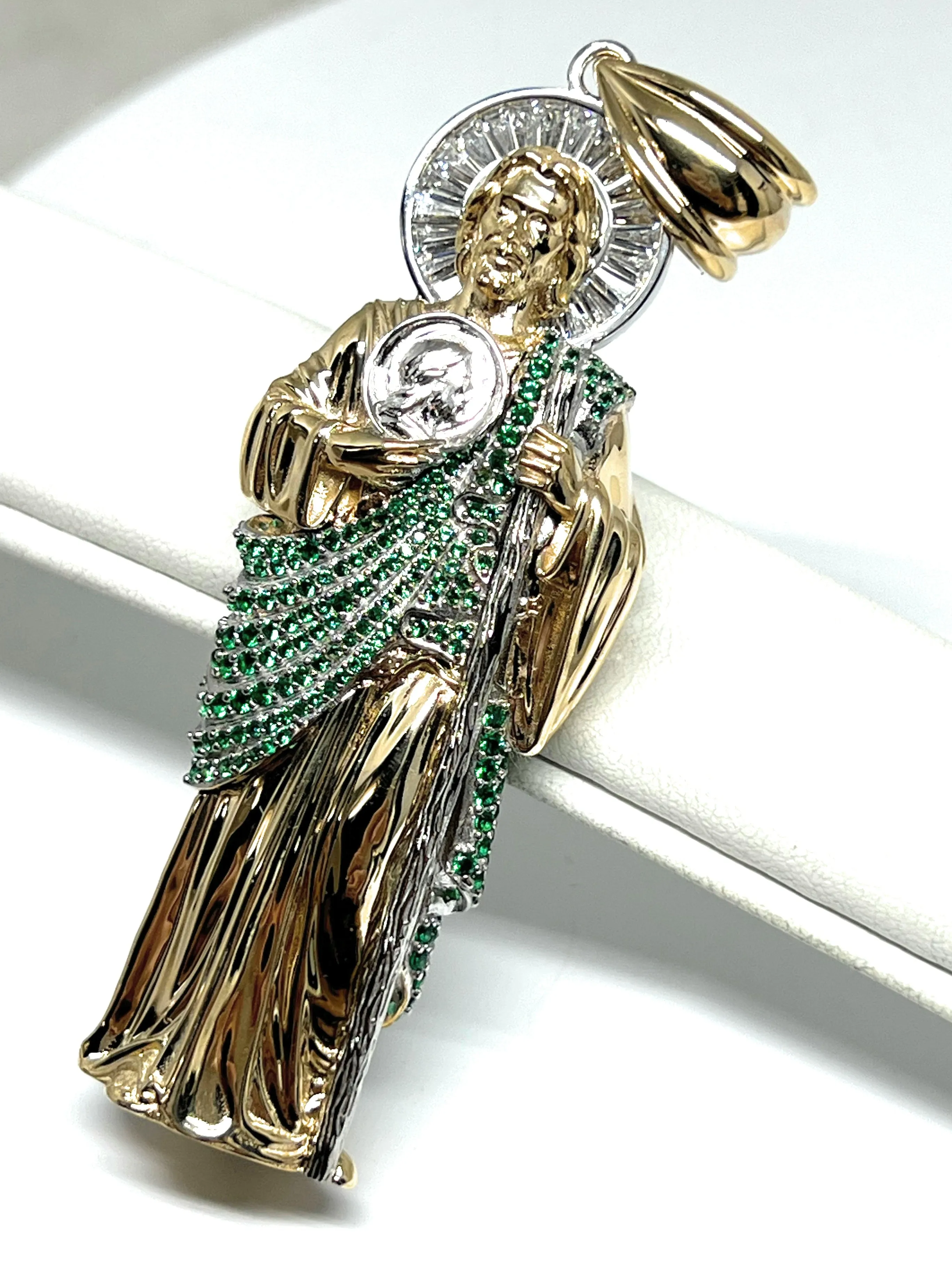 14k Solid Gold Saan Judas Saaint Jude 3D BIG XXL 3.5 INCH Pendant Green CZ FULL 3D Statue (FC) (33g)