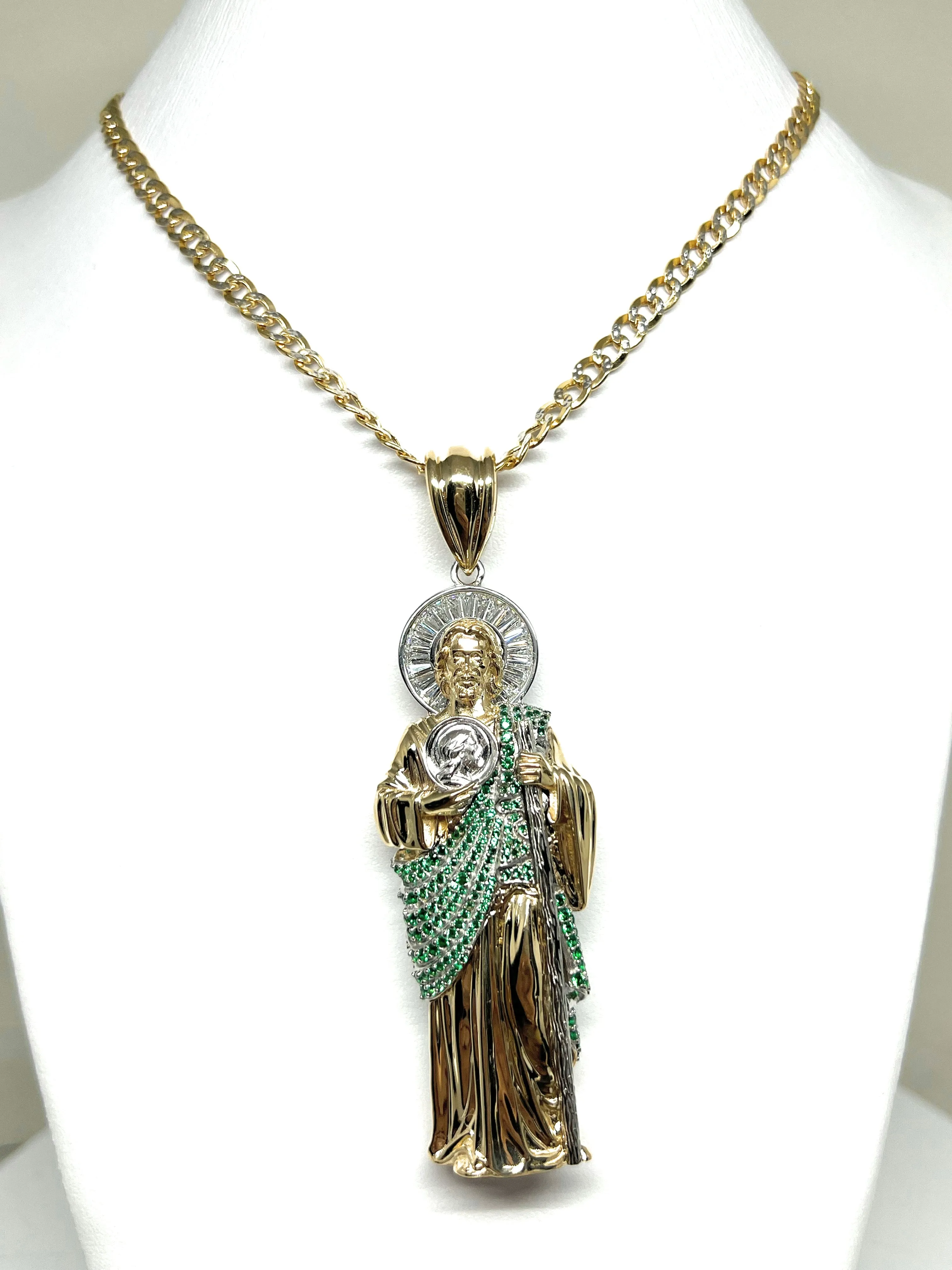 14k Solid Gold Saan Judas Saaint Jude 3D BIG XXL 3.5 INCH Pendant Green CZ FULL 3D Statue (FC) (33g)