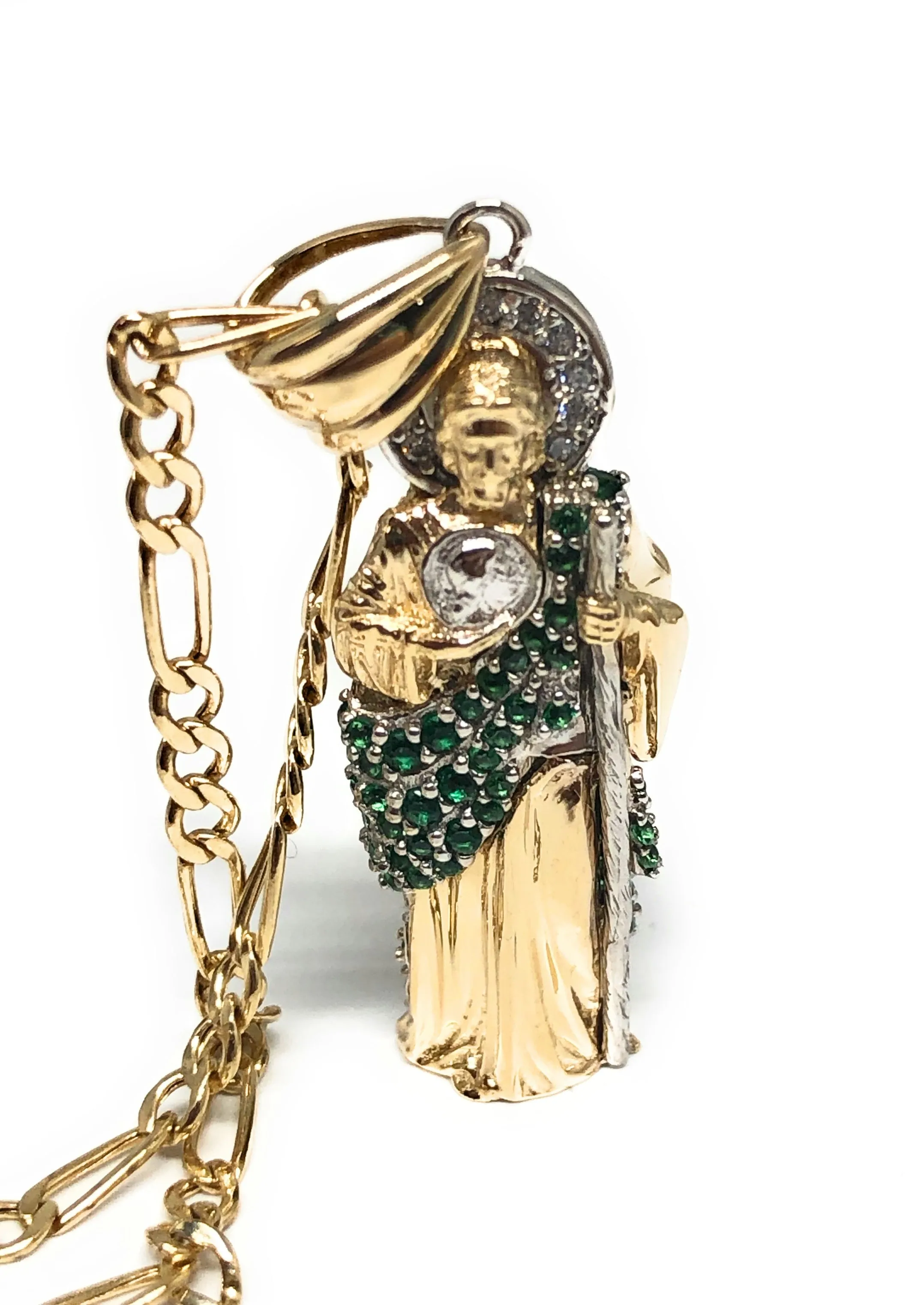 14k Solid Gold Saan Judas Saaint Jude 3D Pendant Green CZ FULL 3D Statue (FC)