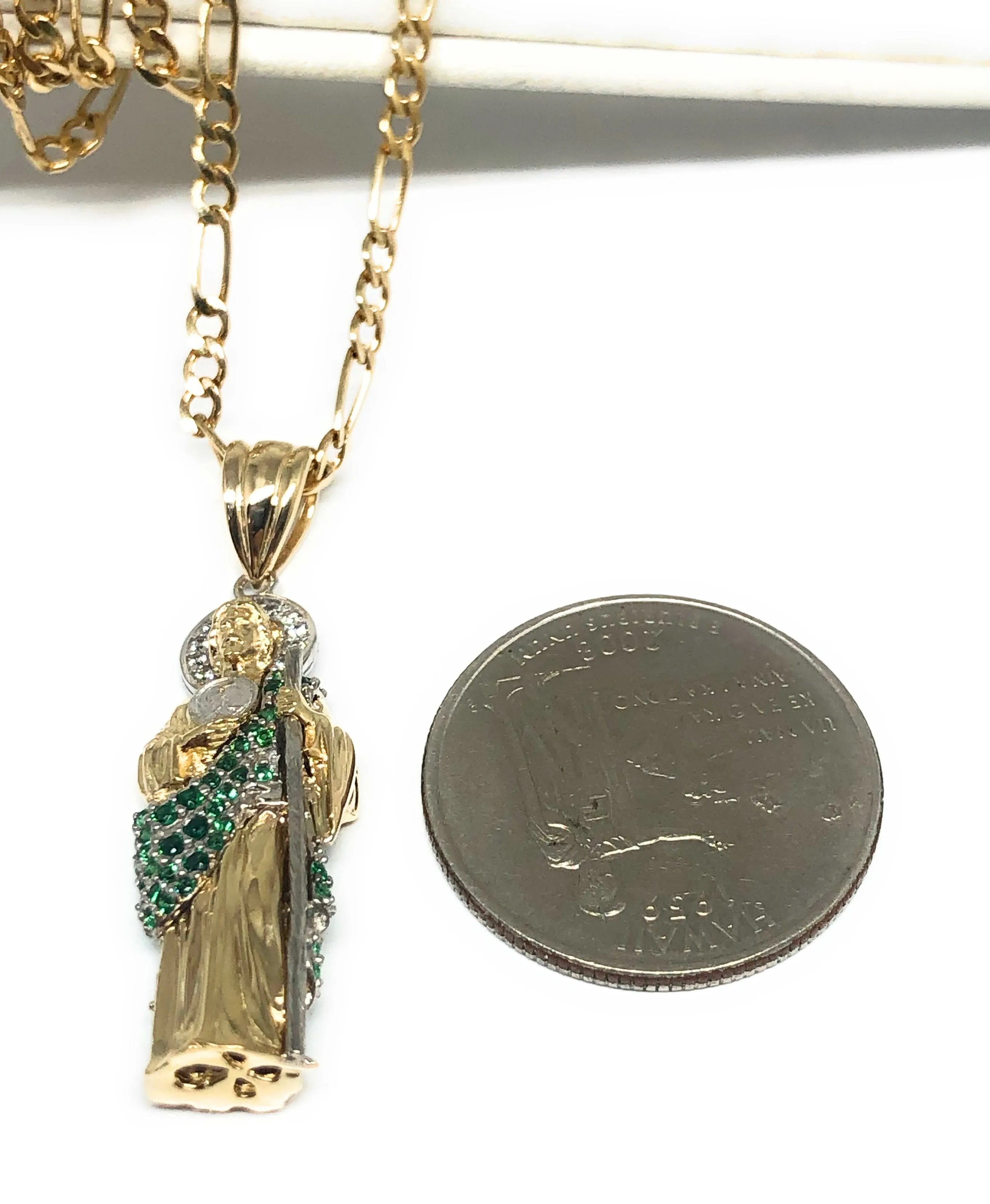 14k Solid Gold Saan Judas Saaint Jude 3D Pendant Green CZ FULL 3D Statue (FC)