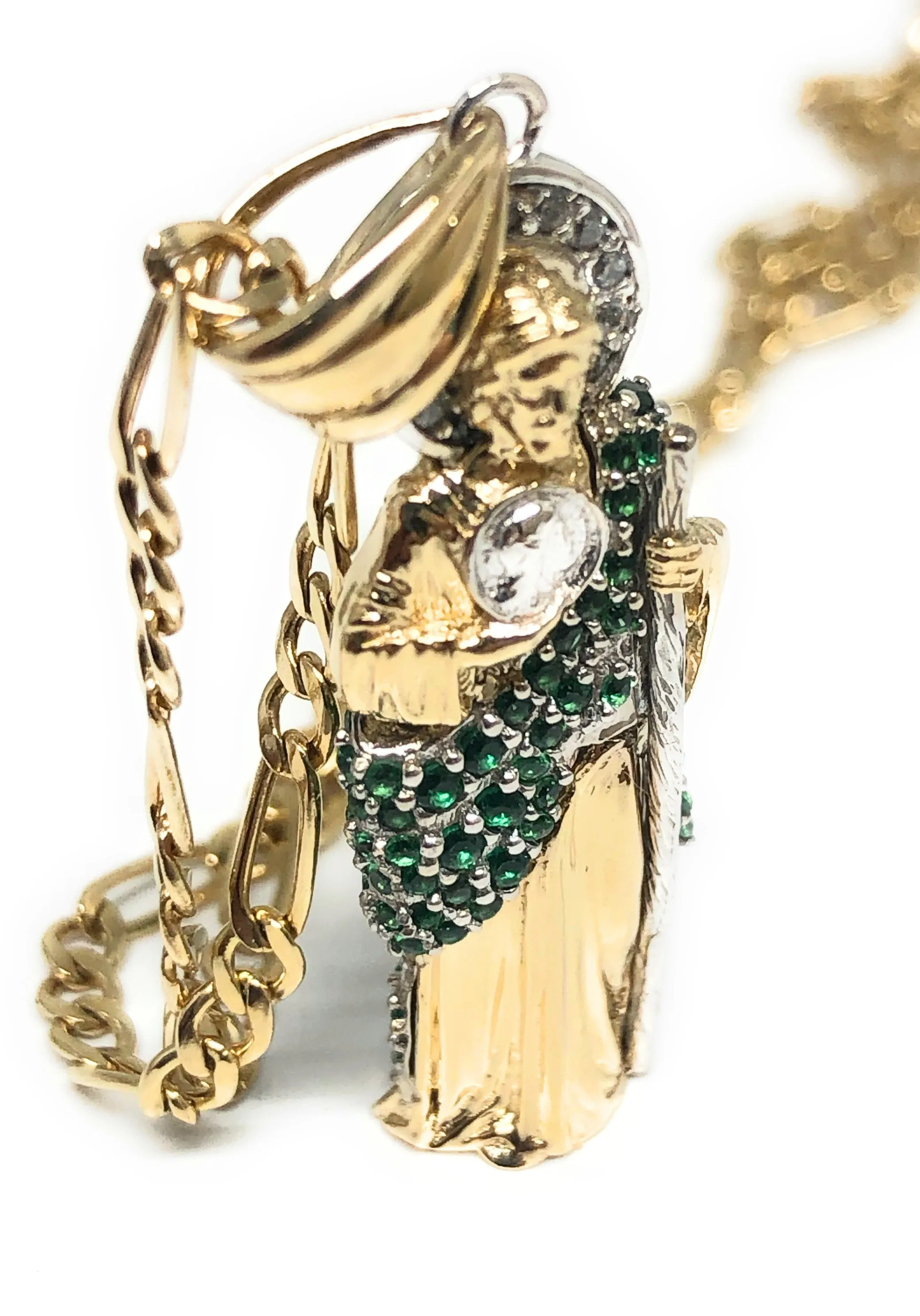 14k Solid Gold Saan Judas Saaint Jude 3D Pendant Green CZ FULL 3D Statue (FC)