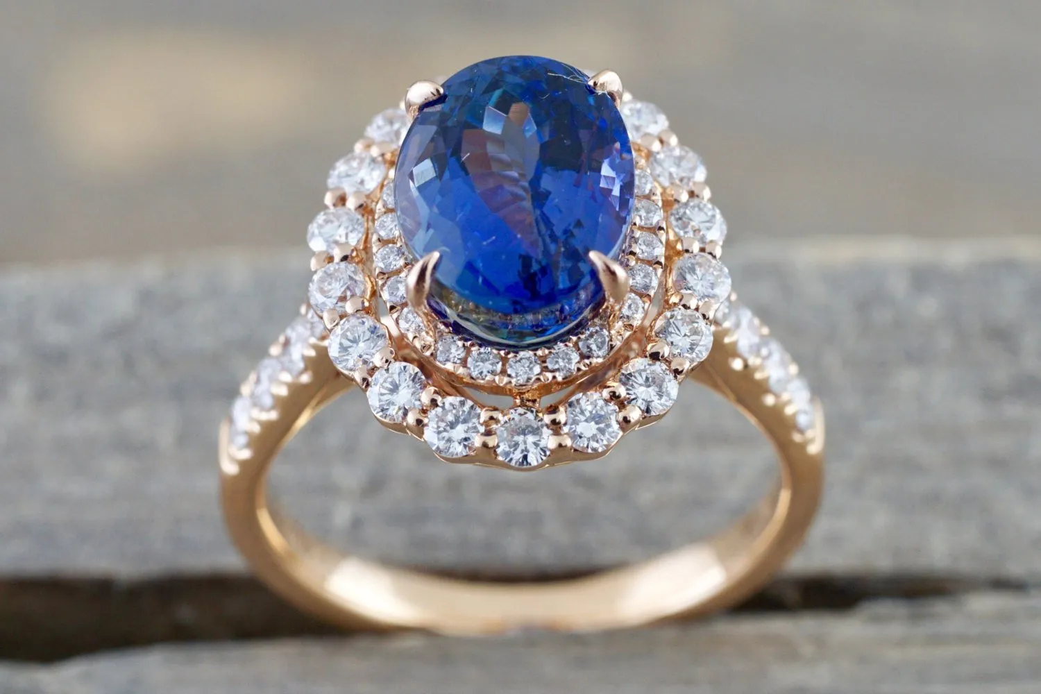 18k Rose Gold Double Oval Tanzanite Diamond Halo Engagement Ring ASP010015