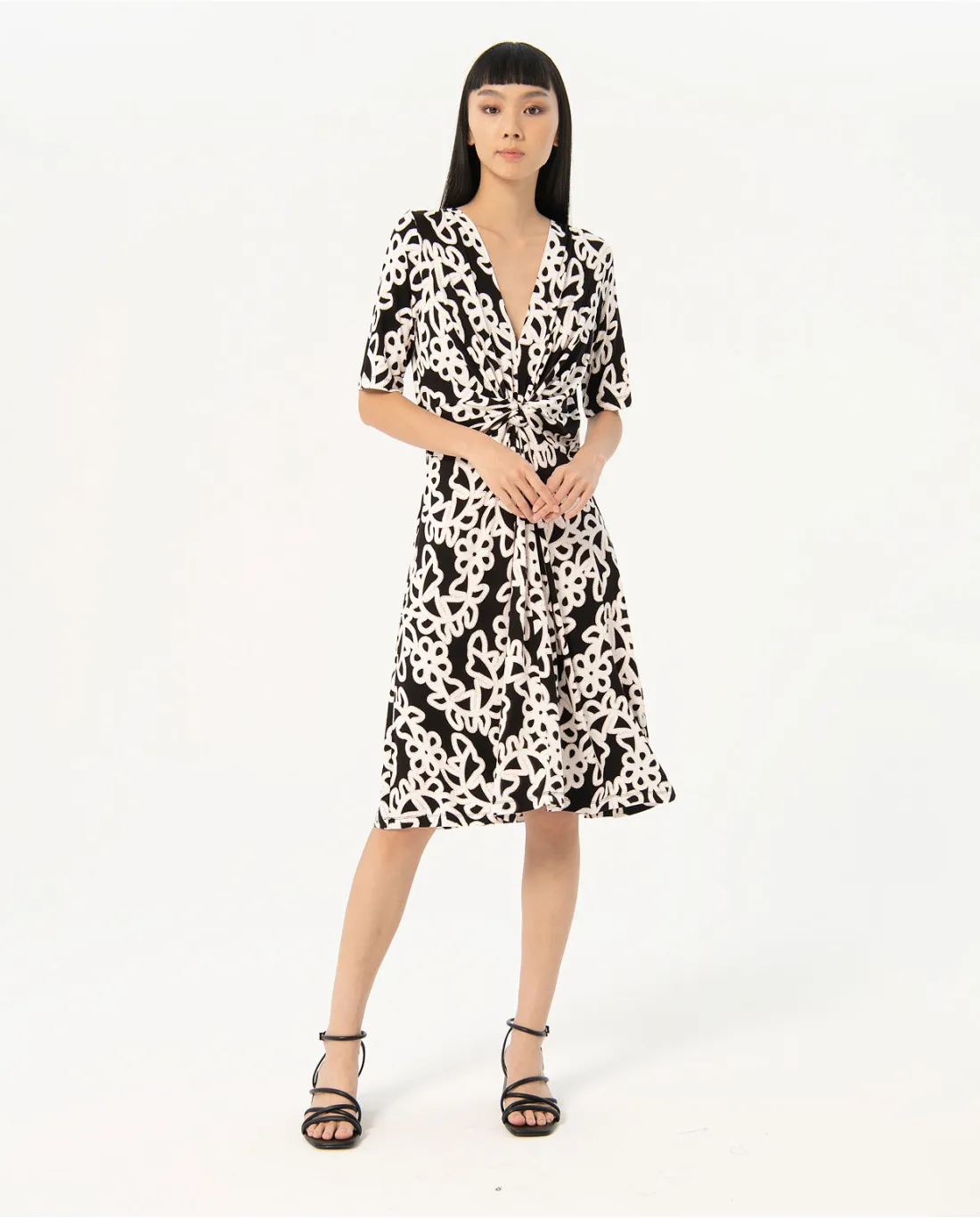 713- Printed Elasticated Waist Knee length Dress- Black Mix- Surkana