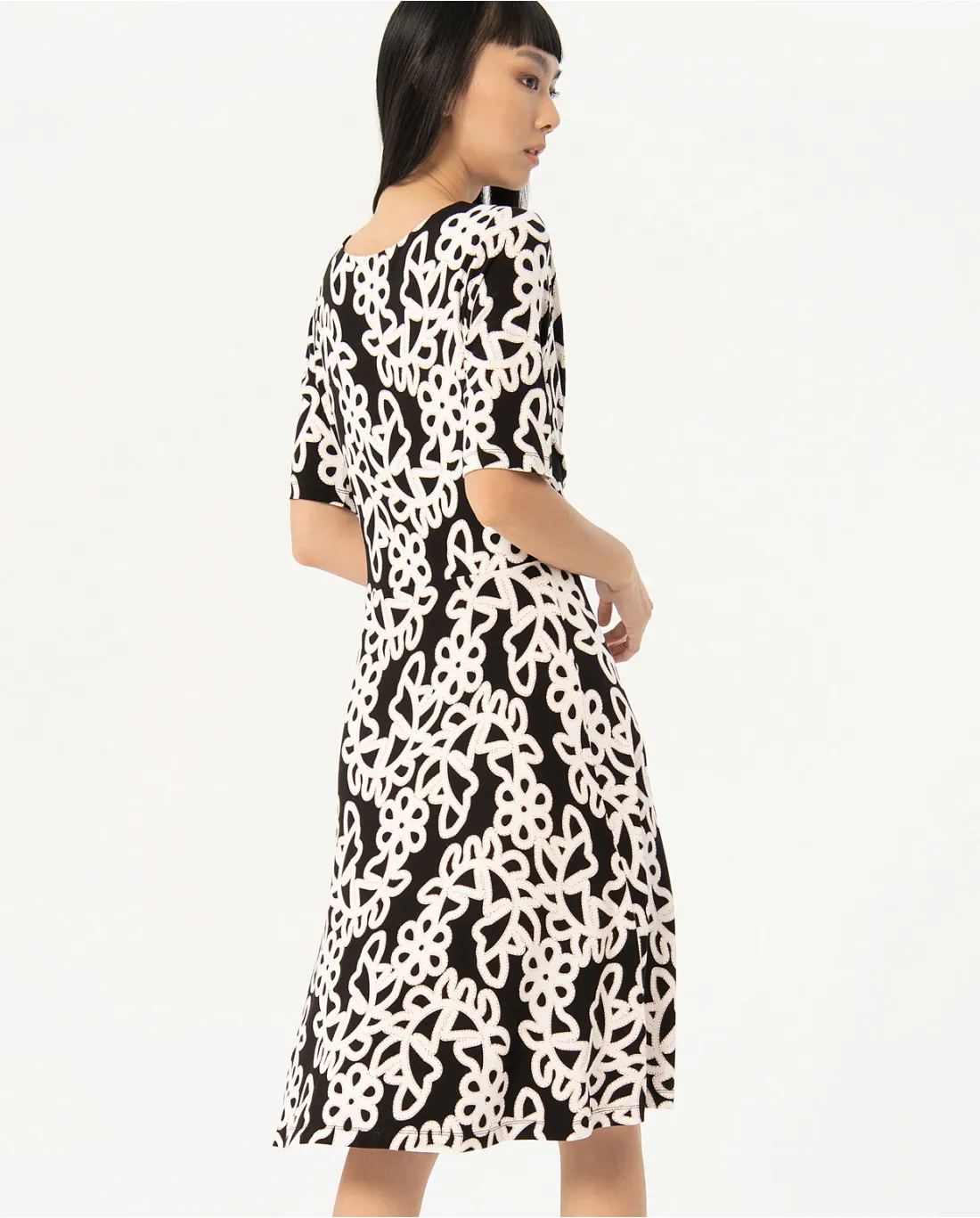 713- Printed Elasticated Waist Knee length Dress- Black Mix- Surkana