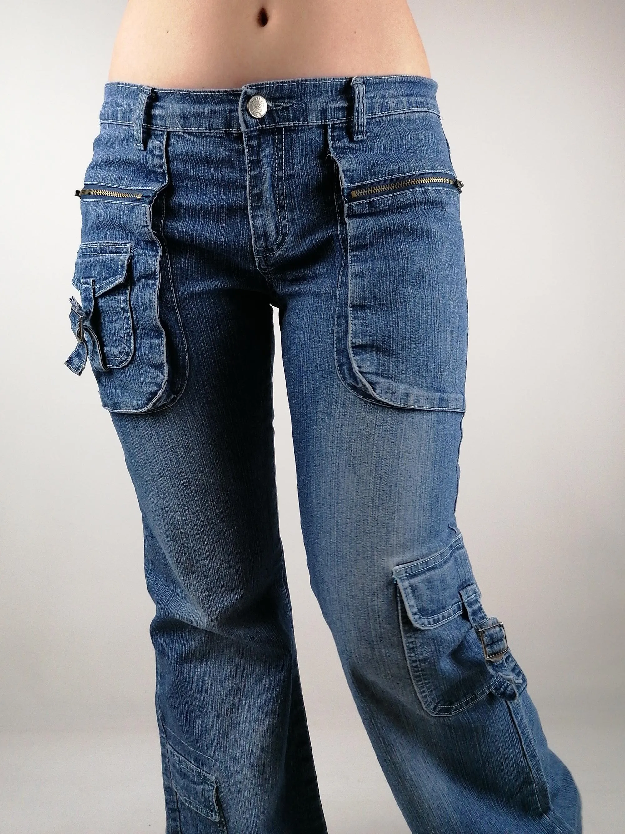 90's Vintage Cargo Jeans - Low-Rise Flared - Size M