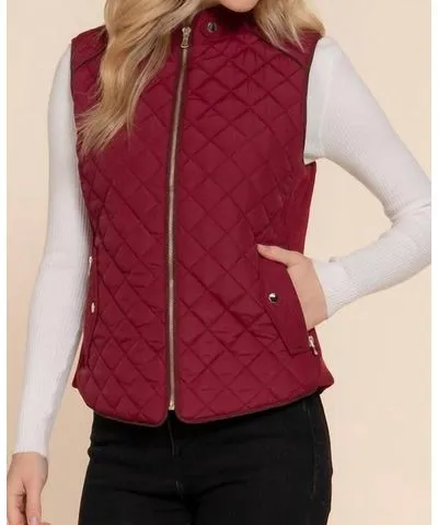 Active Basic Suede Piping Trim Quilted Vest In Dark Wine