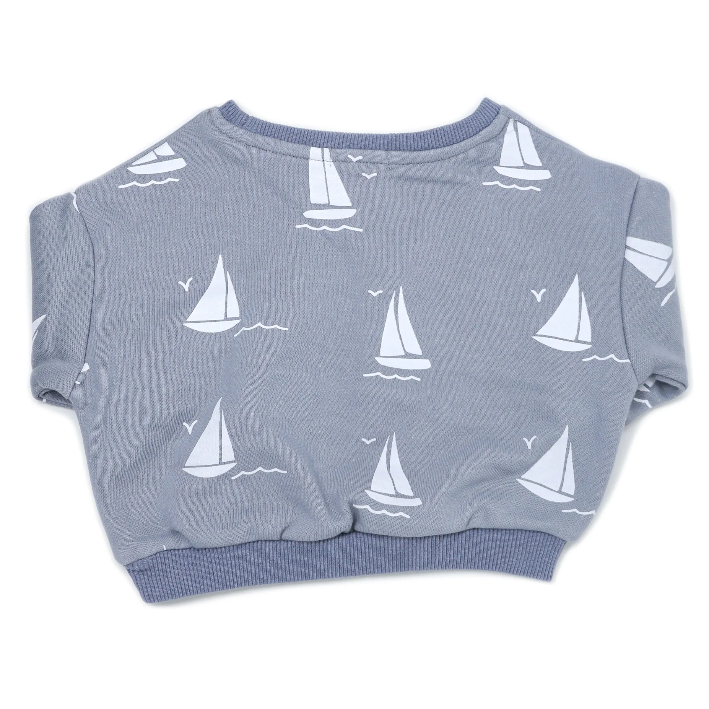 Baby Cotton French Terry Sweatshirt - Sailboats Print - Fog