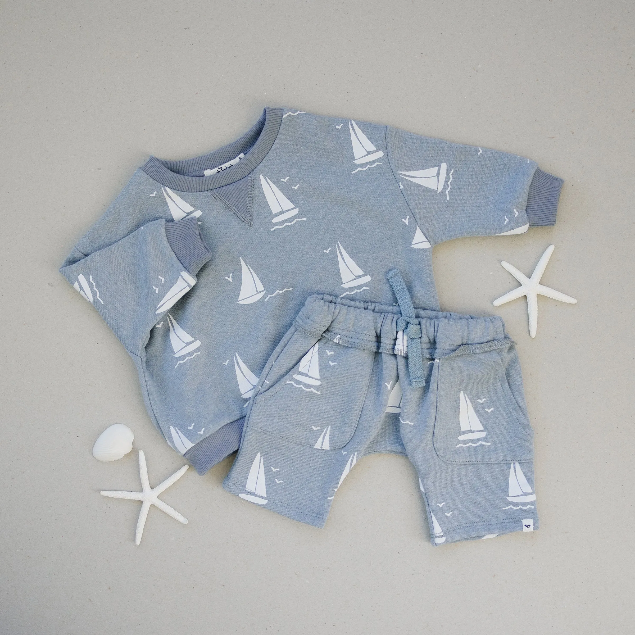 Baby Cotton French Terry Sweatshirt - Sailboats Print - Fog