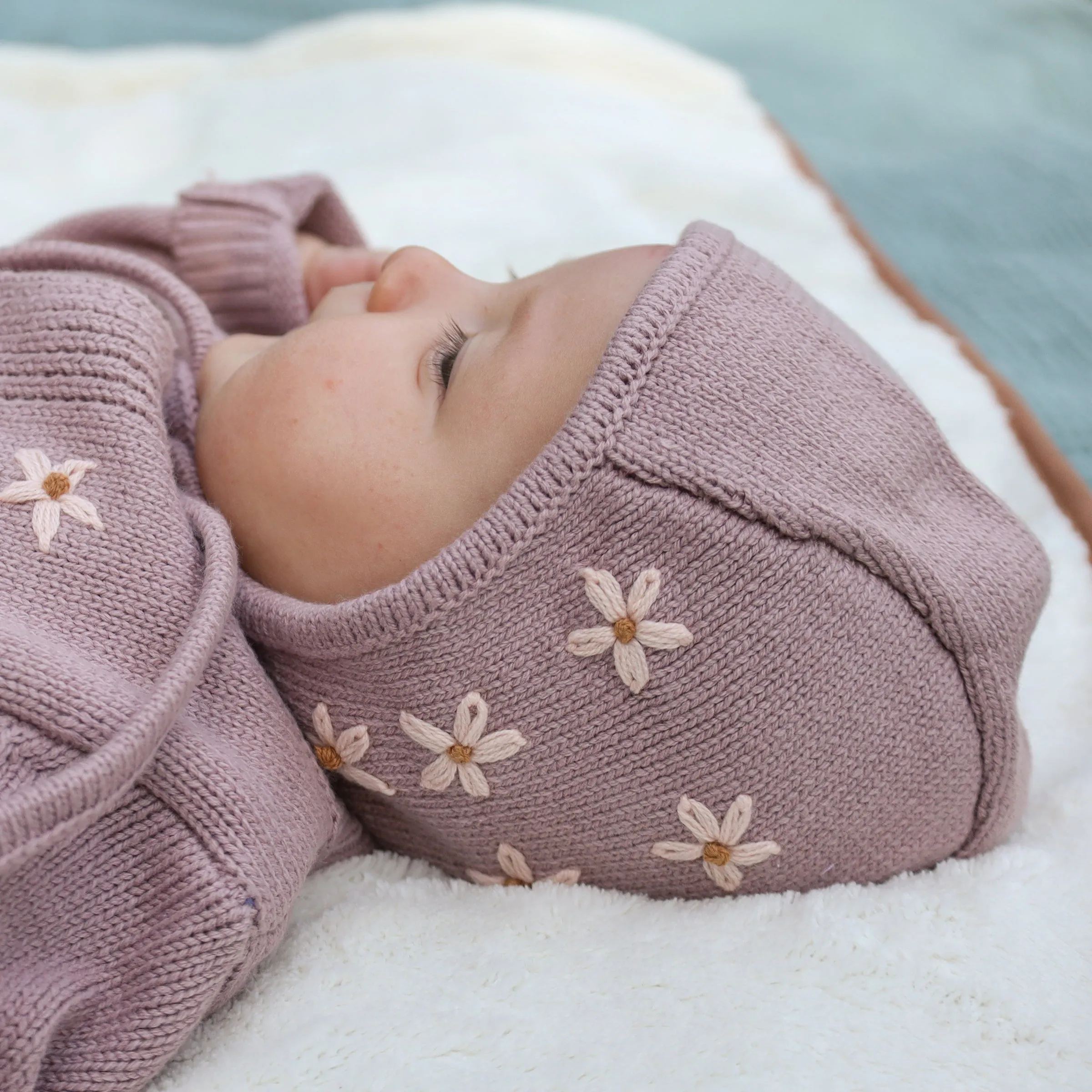 Baby Pilot Cap - Pink Daisy Embroidery - Dusty Lavender