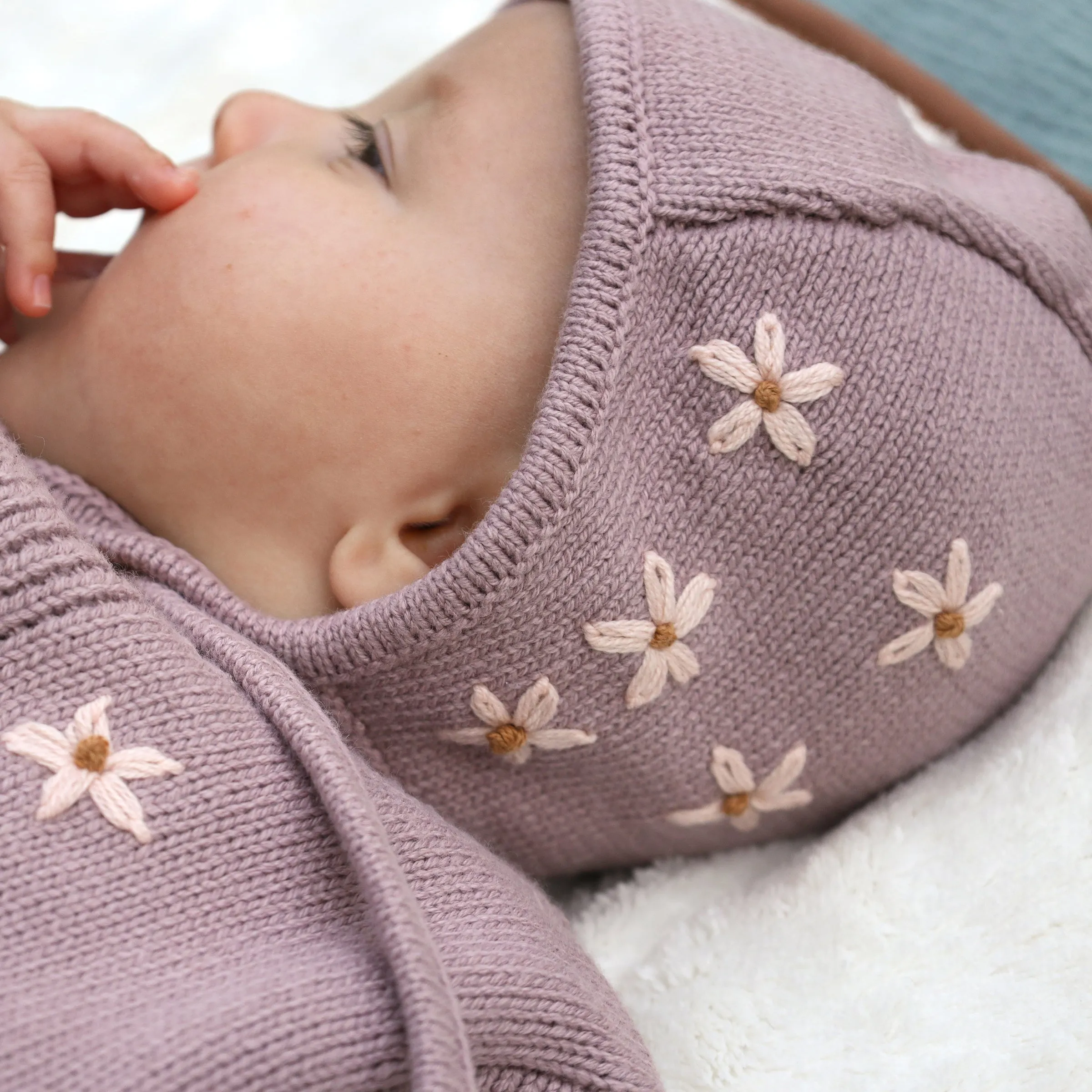 Baby Pilot Cap - Pink Daisy Embroidery - Dusty Lavender