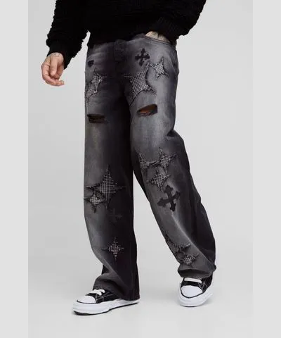 boohoo Mens Tall Distressed Applique Baggy Fit Jeans