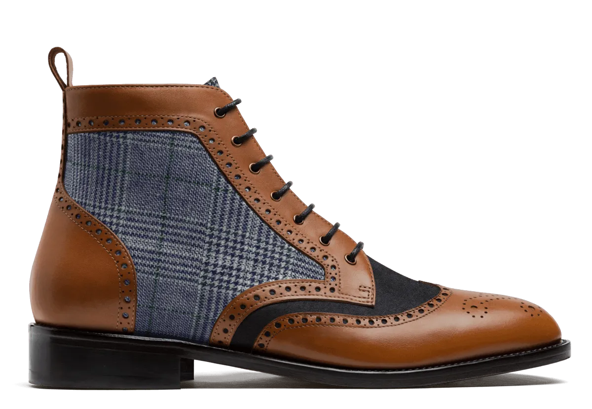  Botas Brogue en serraje, piel y tweed azul y marrón