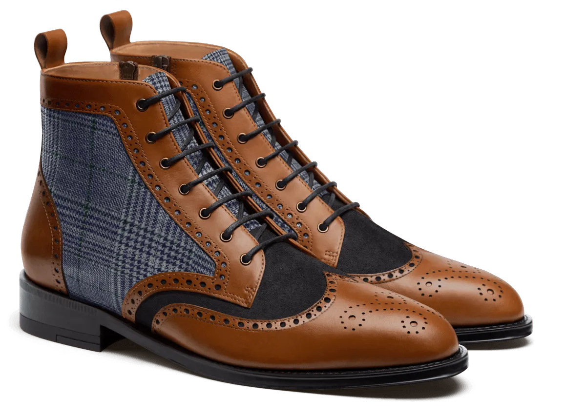  Botas Brogue en serraje, piel y tweed azul y marrón