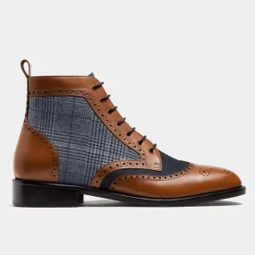  Botas Brogue en serraje, piel y tweed azul y marrón