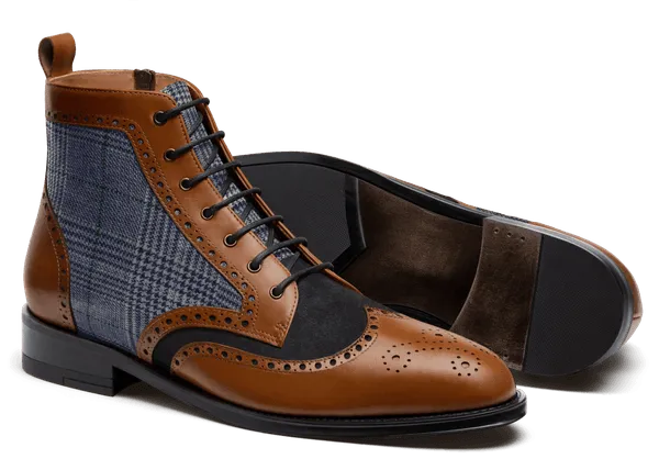  Botas Brogue en serraje, piel y tweed azul y marrón